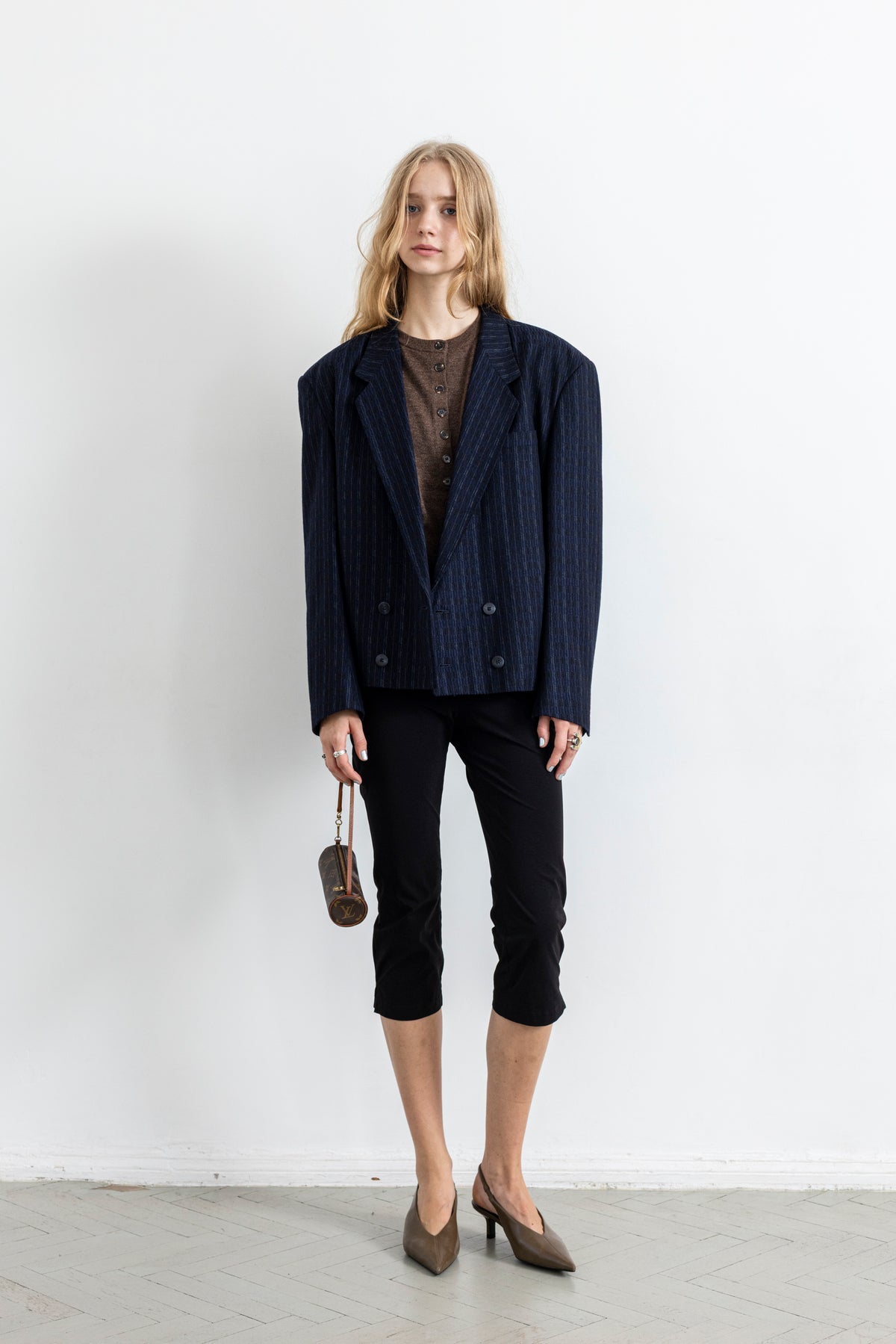 Vintage Cropped Blue Striped Wool Blazer