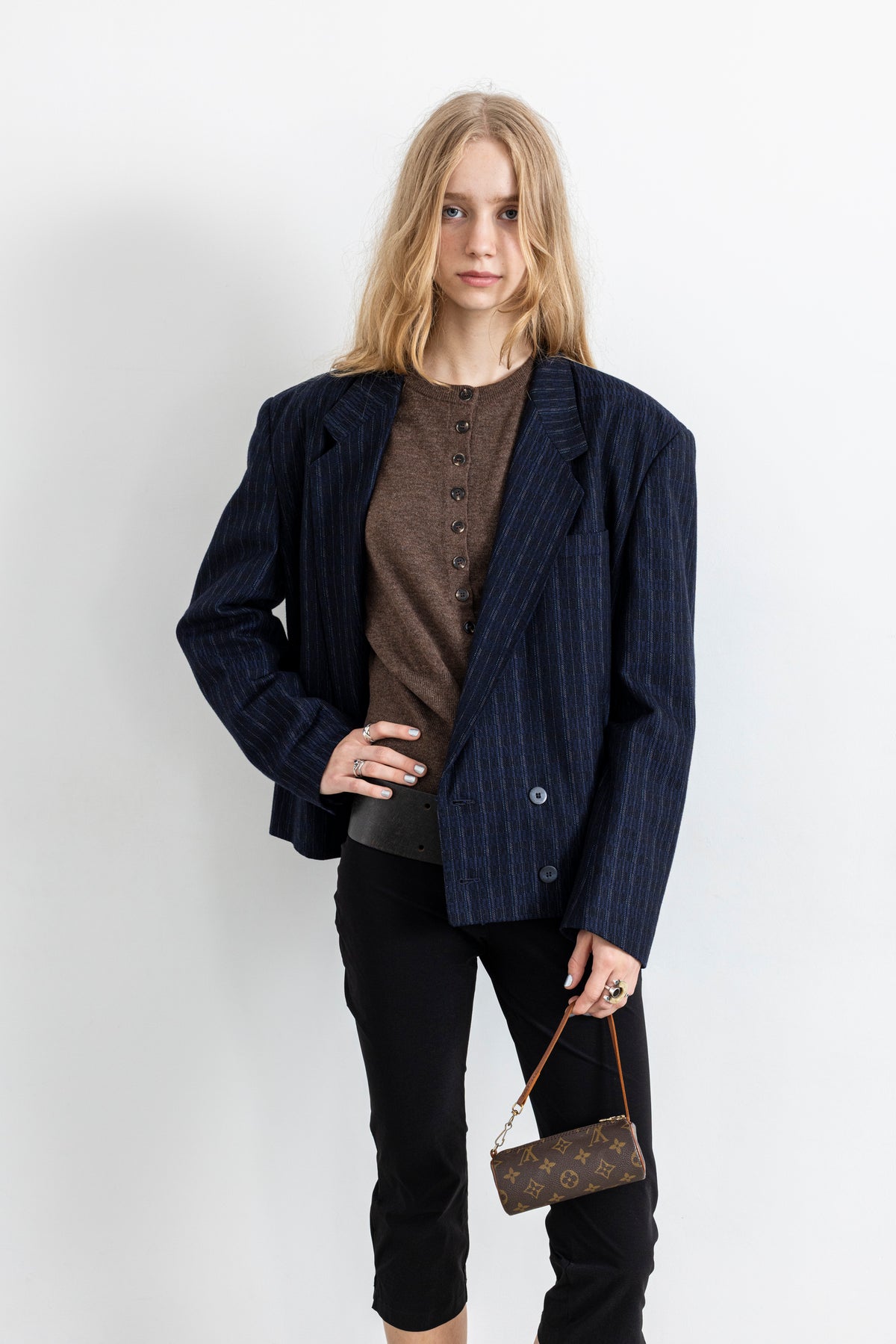 Vintage Cropped Blue Striped Wool Blazer