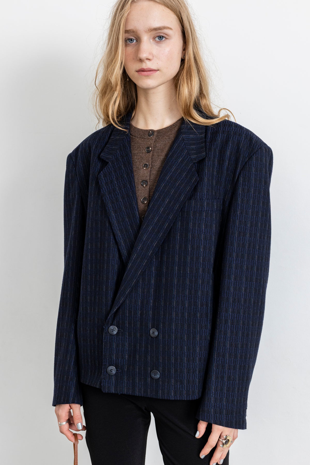 Vintage Cropped Blue Striped Wool Blazer