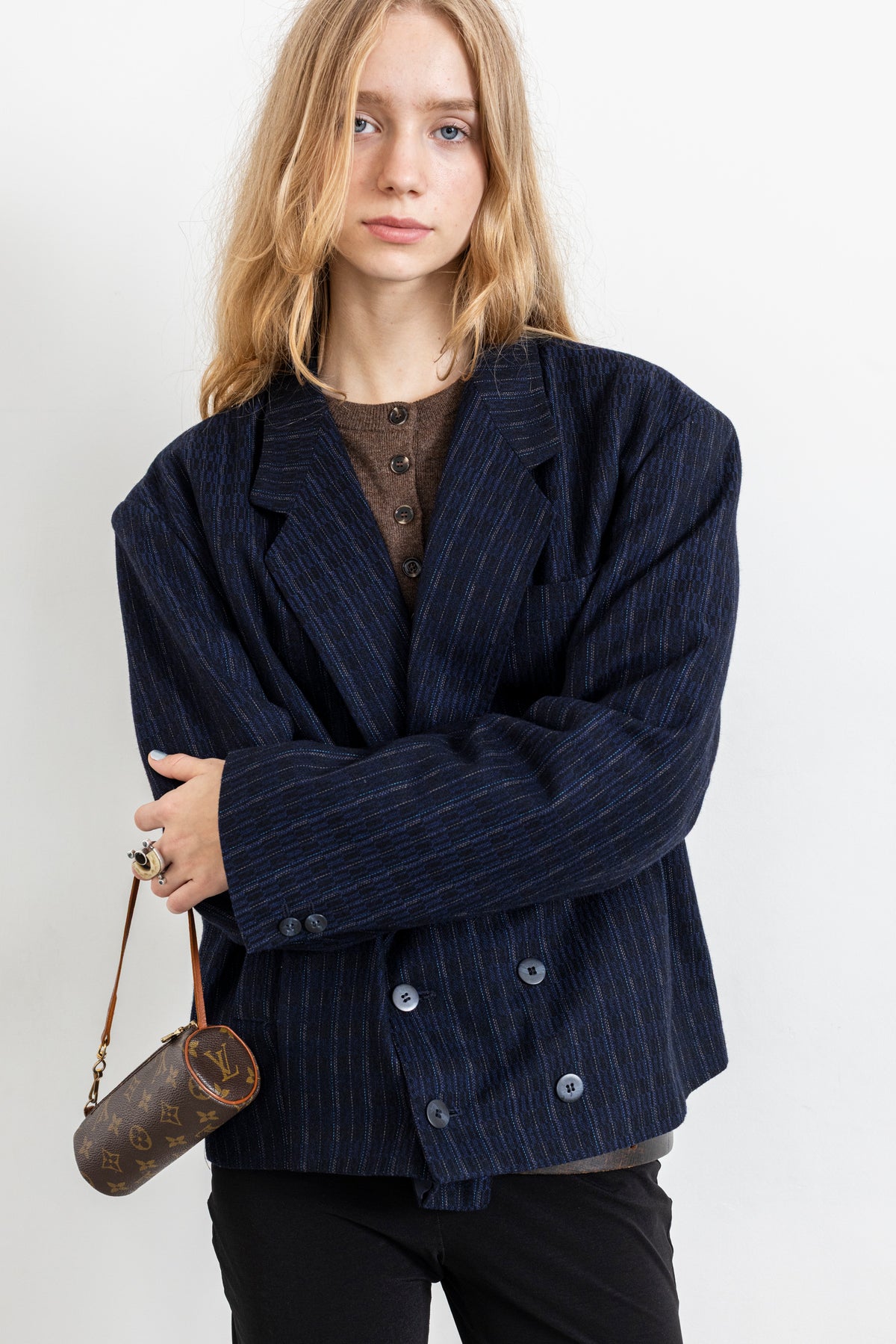 Vintage Cropped Blue Striped Wool Blazer