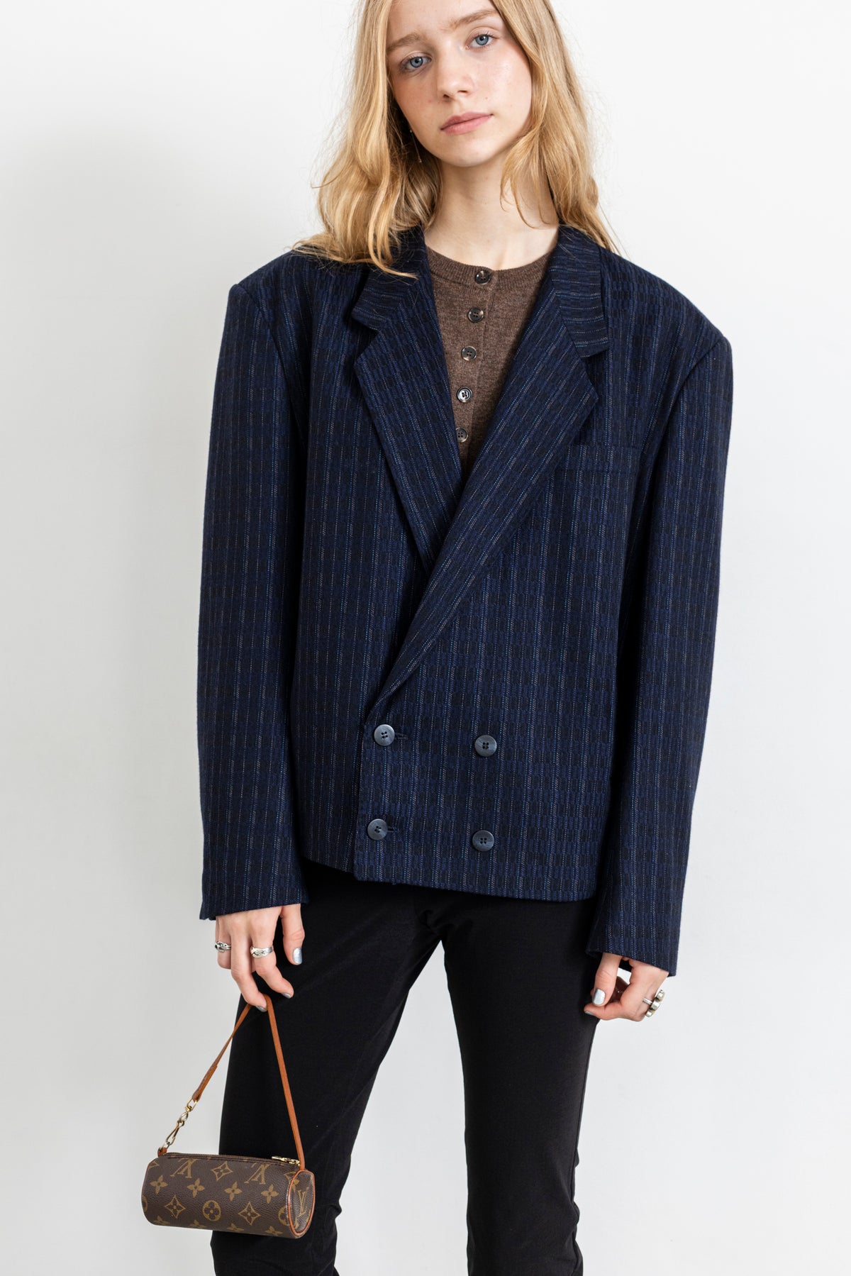Vintage Cropped Blue Striped Wool Blazer