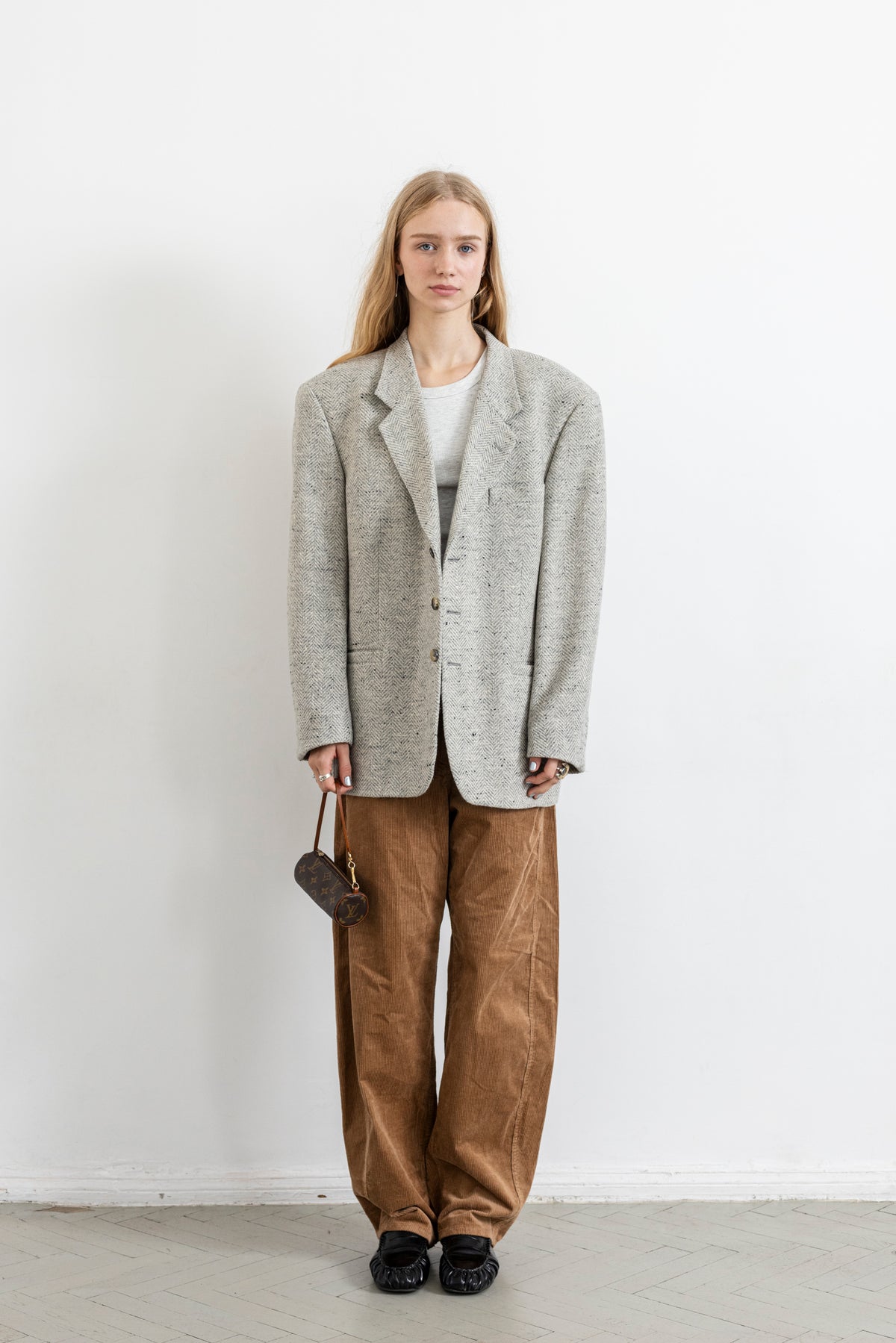 Vintage Light Grey Chevron Wool Blazer