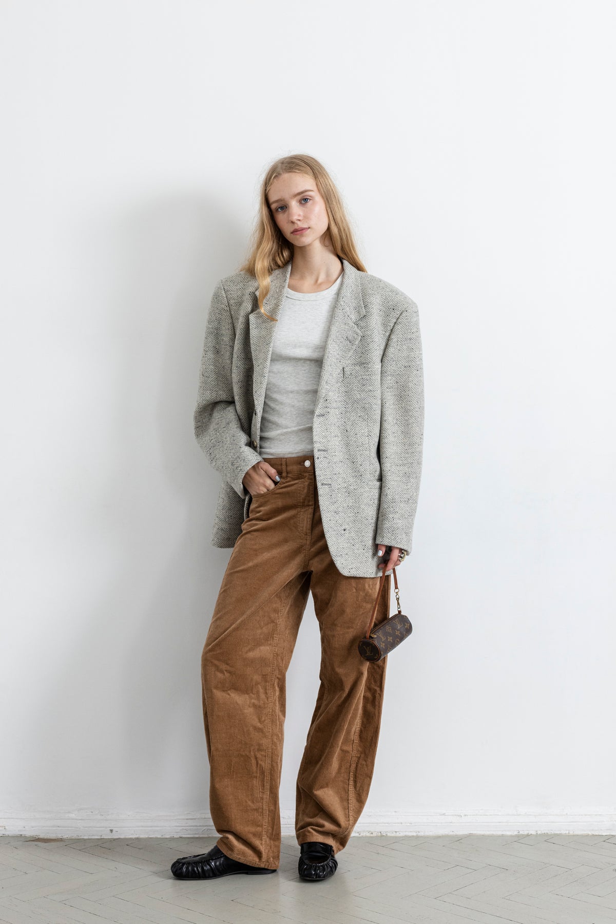 Vintage Light Grey Chevron Wool Blazer