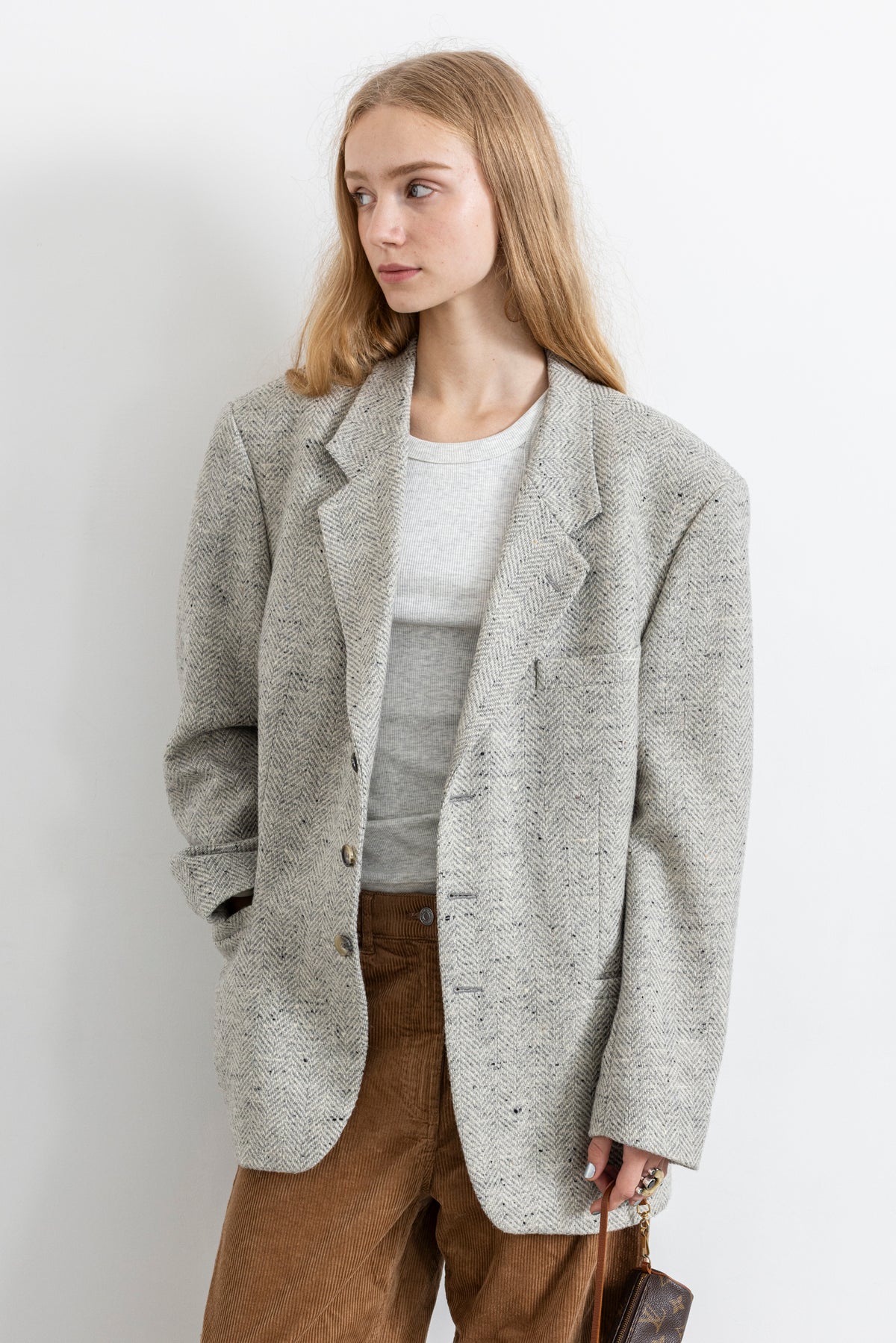 Vintage Light Grey Chevron Wool Blazer