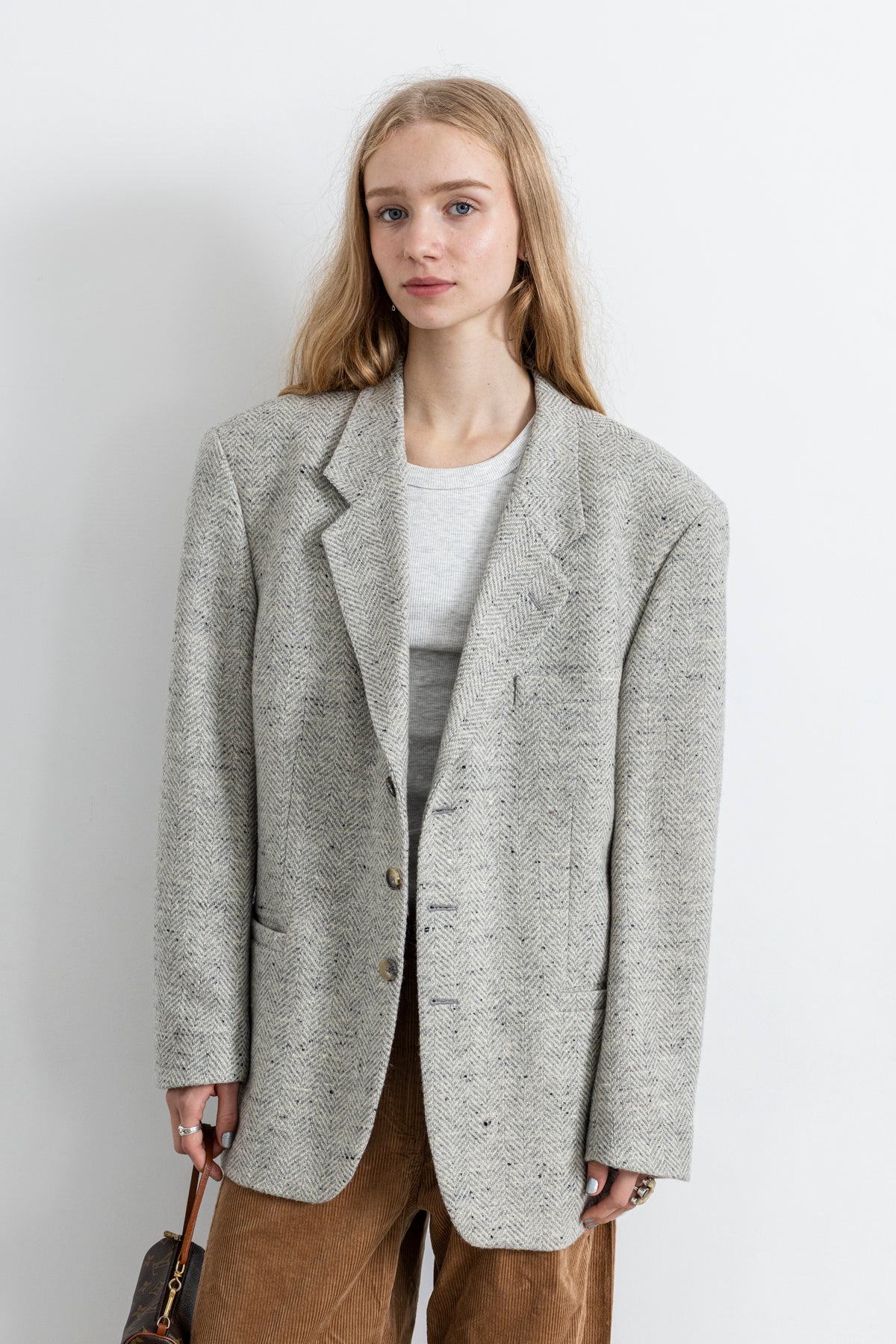 Vintage Light Grey Chevron Wool Blazer
