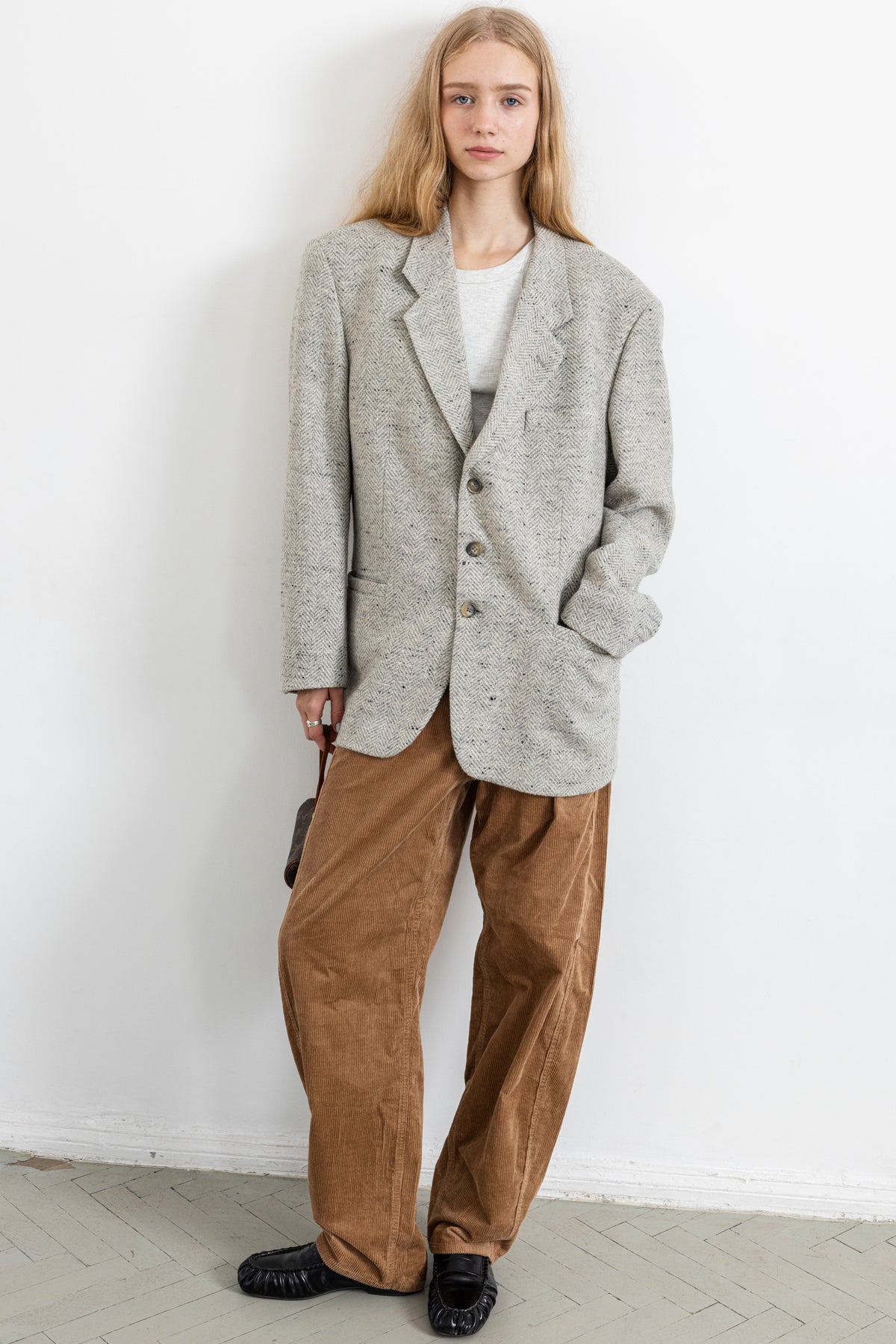 Vintage Light Grey Chevron Wool Blazer