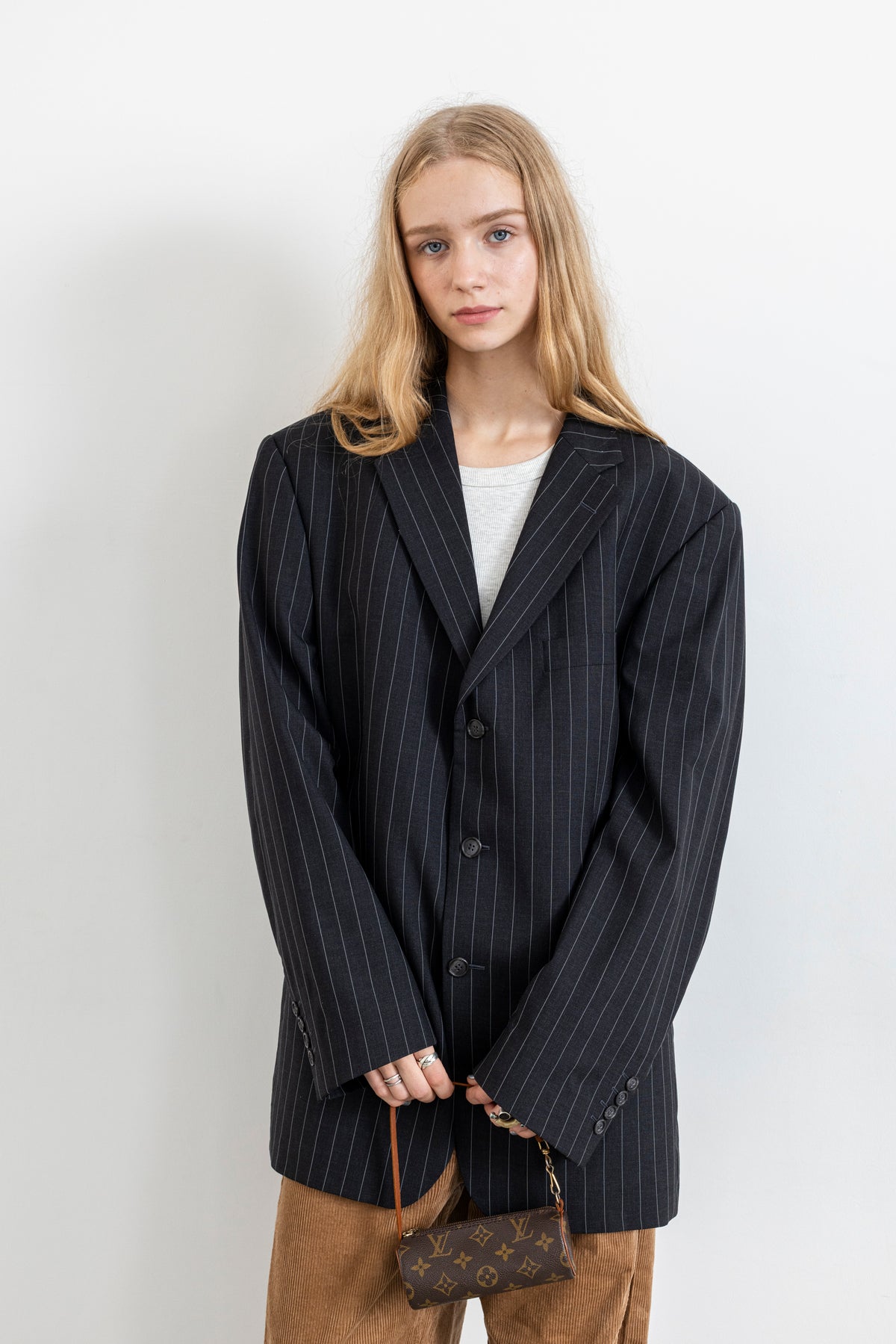 Vintage Dark Grey Pinstripe 100% Wool Blazer