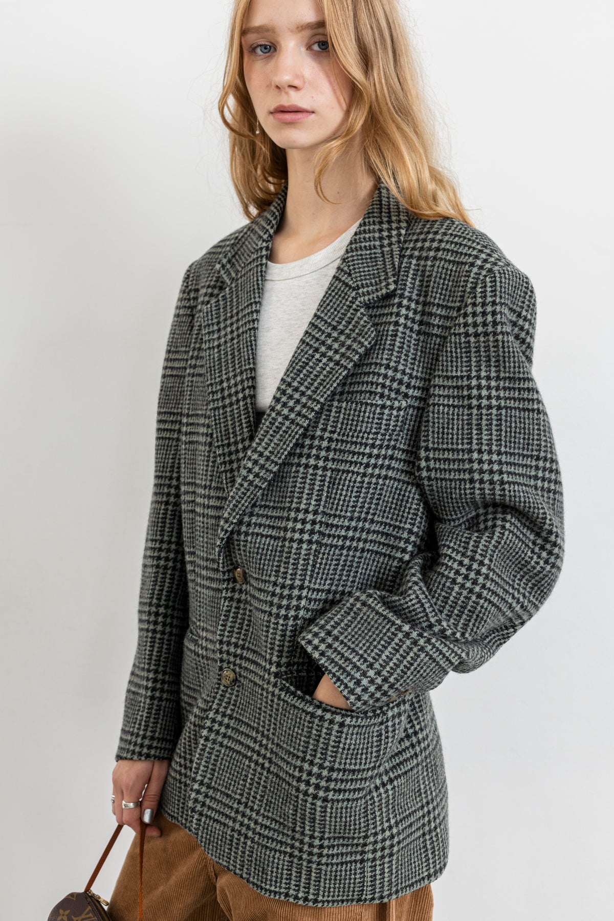 Vintage Plaid Light Green Wool Blazer
