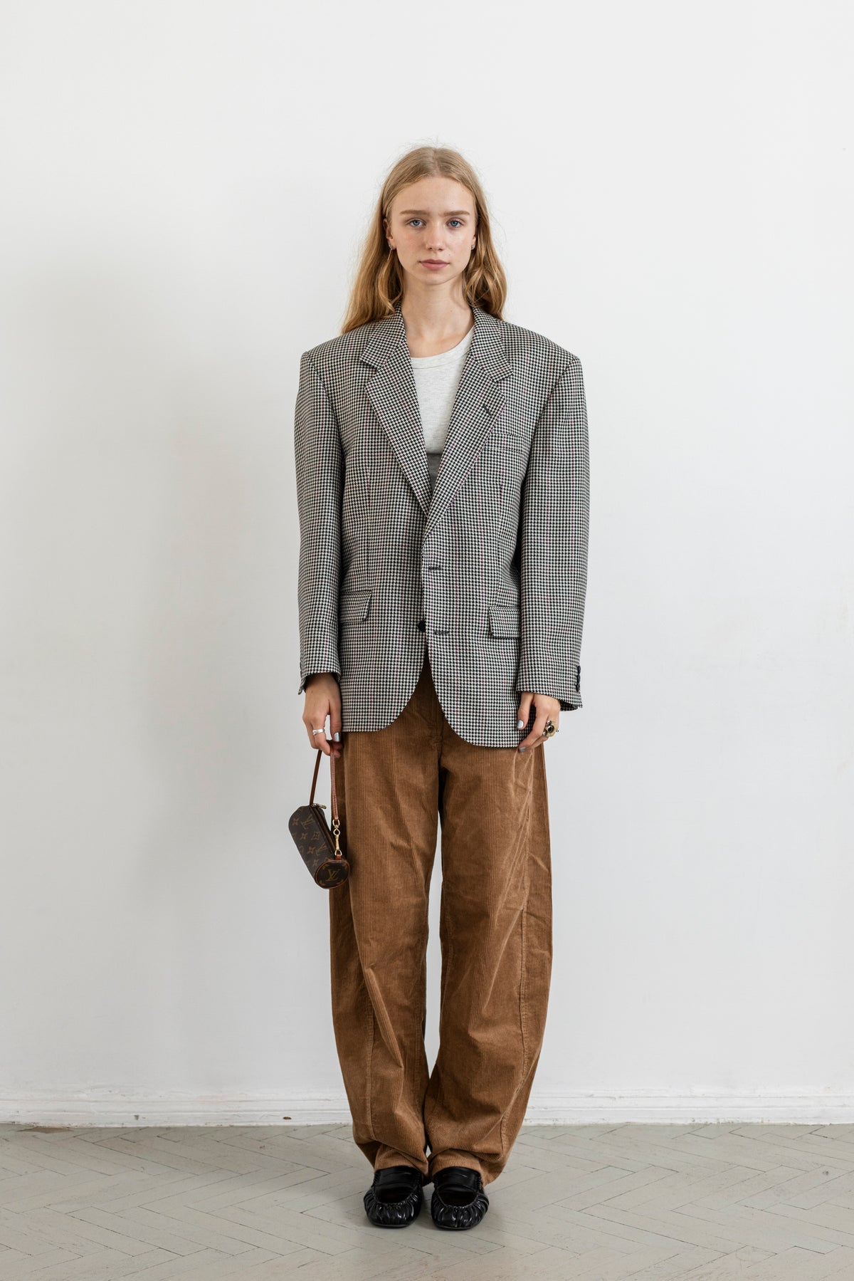 Vintage Cream Black Houndstooth Silk Wool Blazer