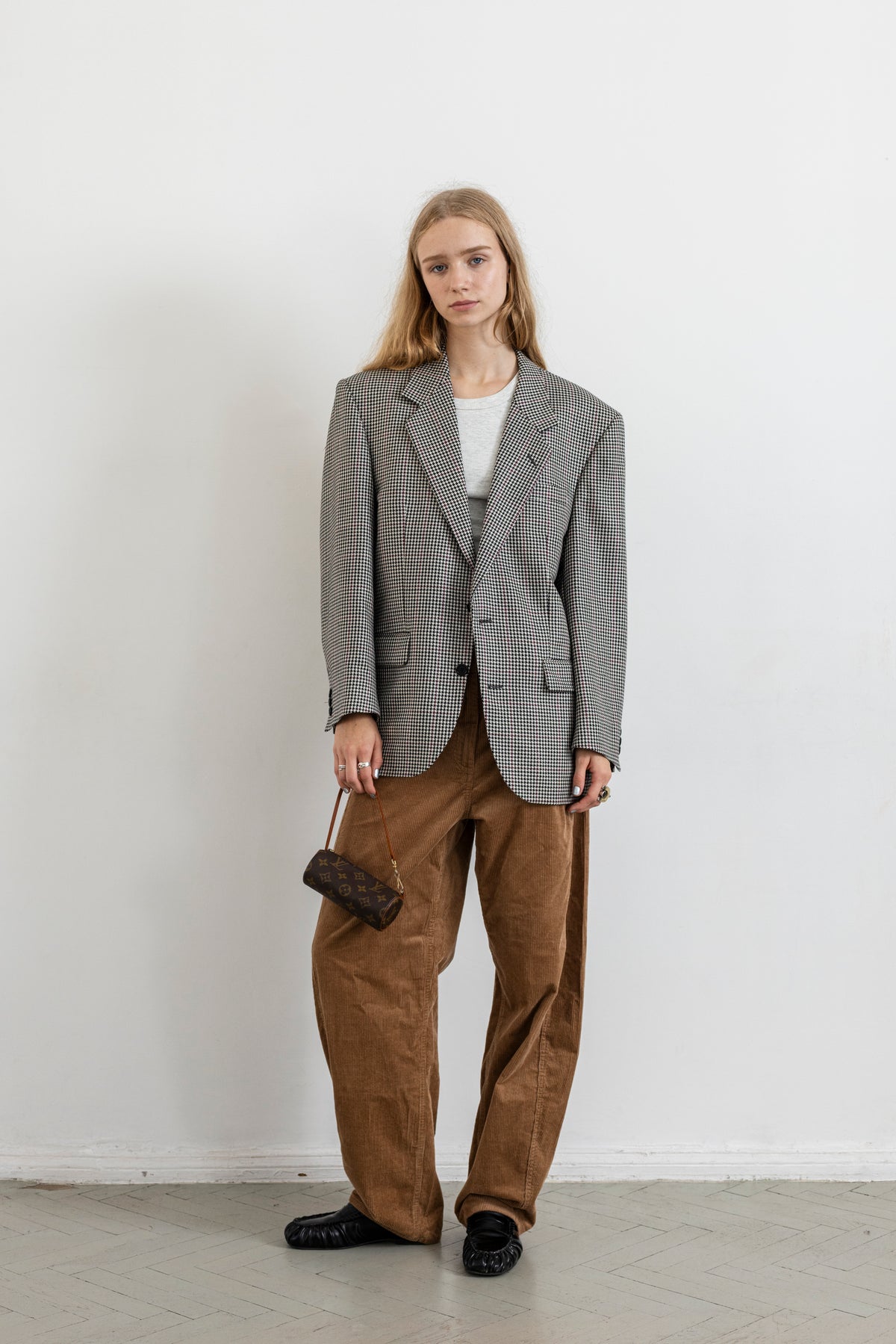 Vintage Cream Black Houndstooth Silk Wool Blazer