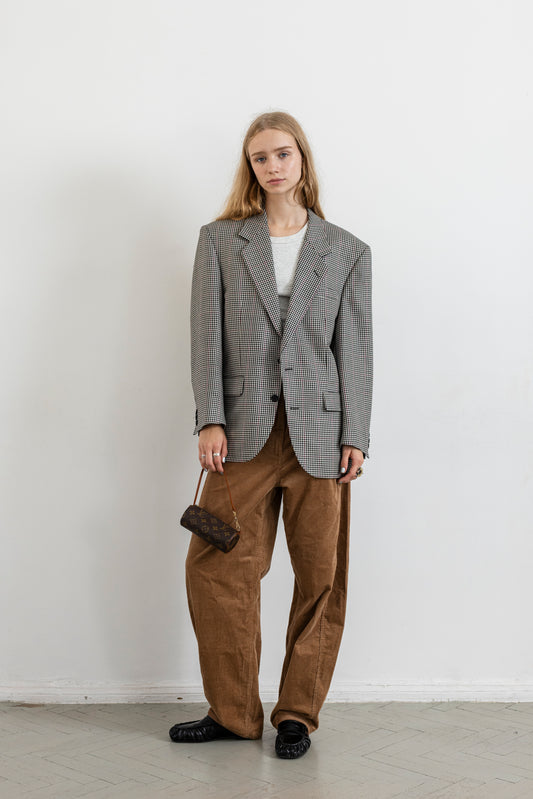 Vintage Cream Black Houndstooth Silk Wool Blazer