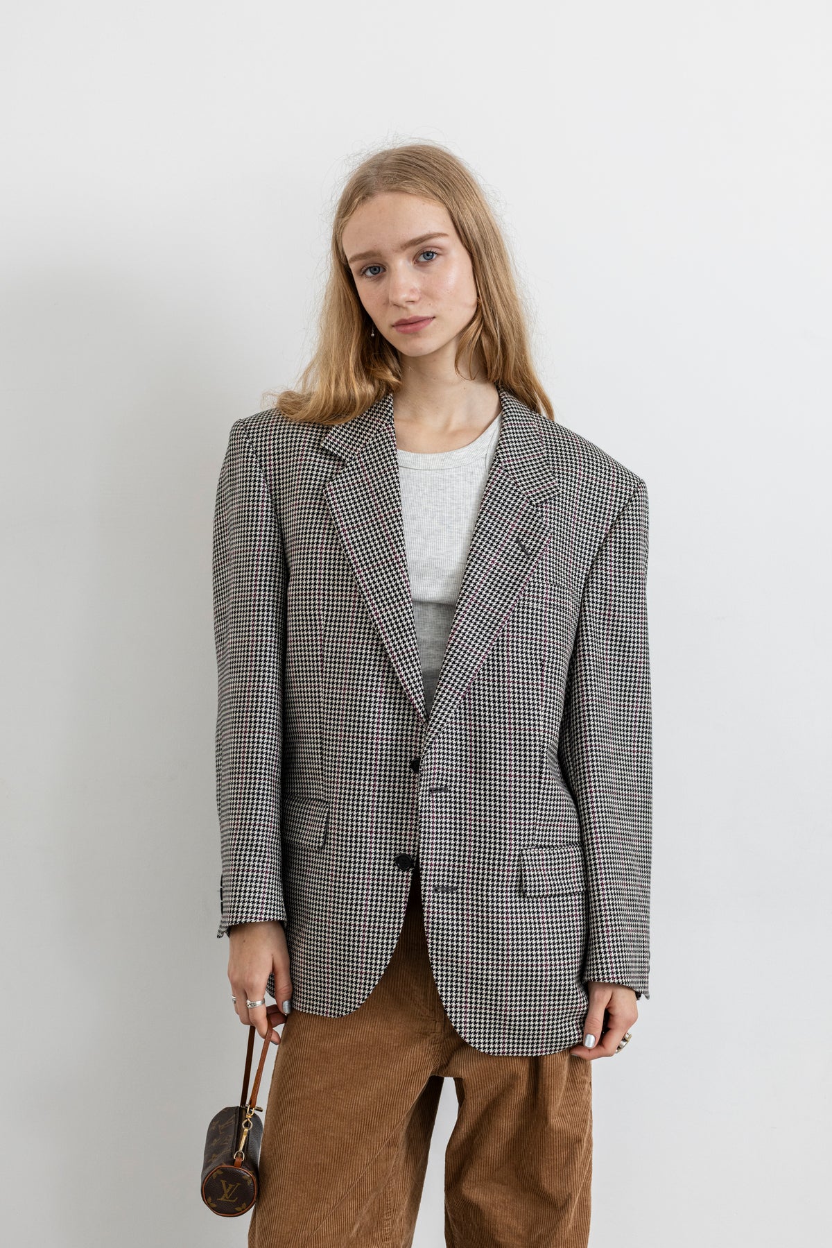 Vintage Cream Black Houndstooth Silk Wool Blazer