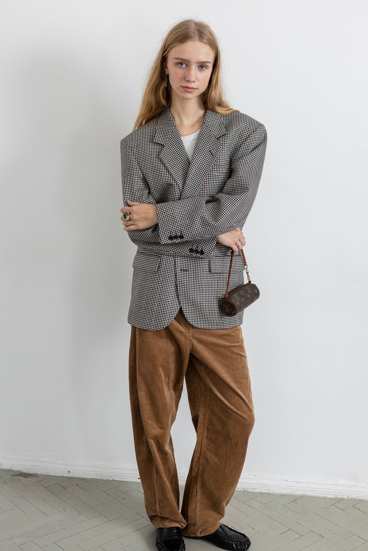 Vintage Cream Black Houndstooth Silk Wool Blazer