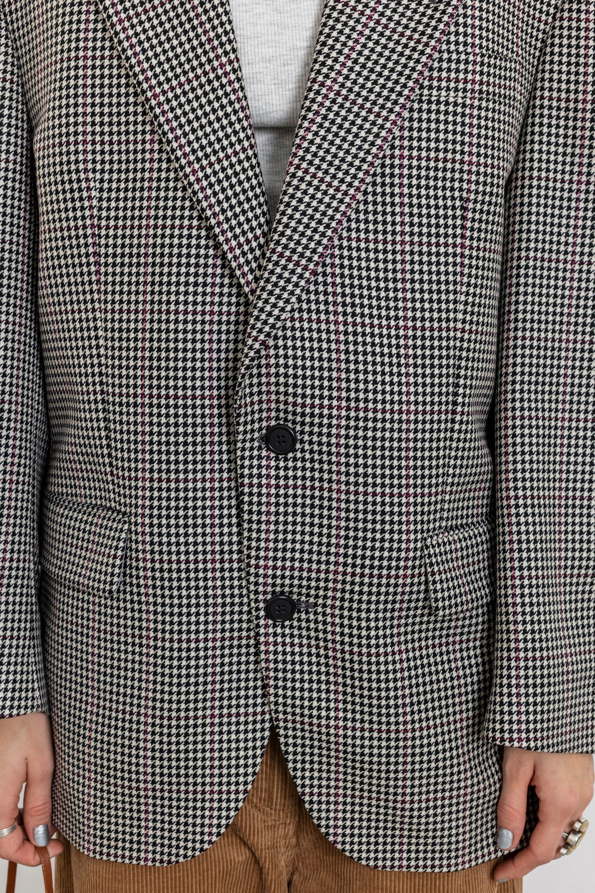 Vintage Cream Black Houndstooth Silk Wool Blazer