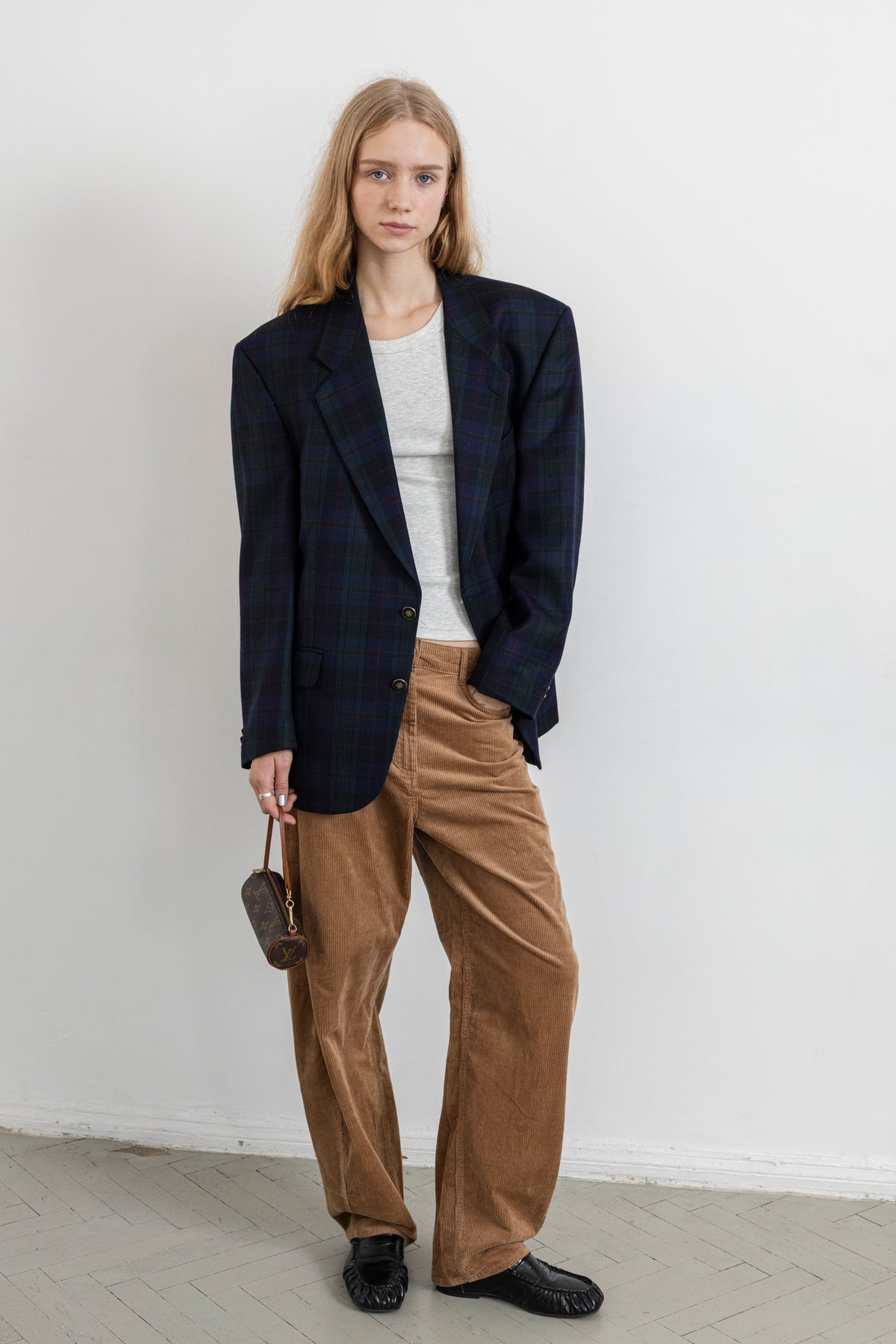 Vintage Navy Green Plaid 100% Wool Blazer