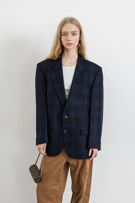 Vintage Navy Green Plaid 100% Wool Blazer