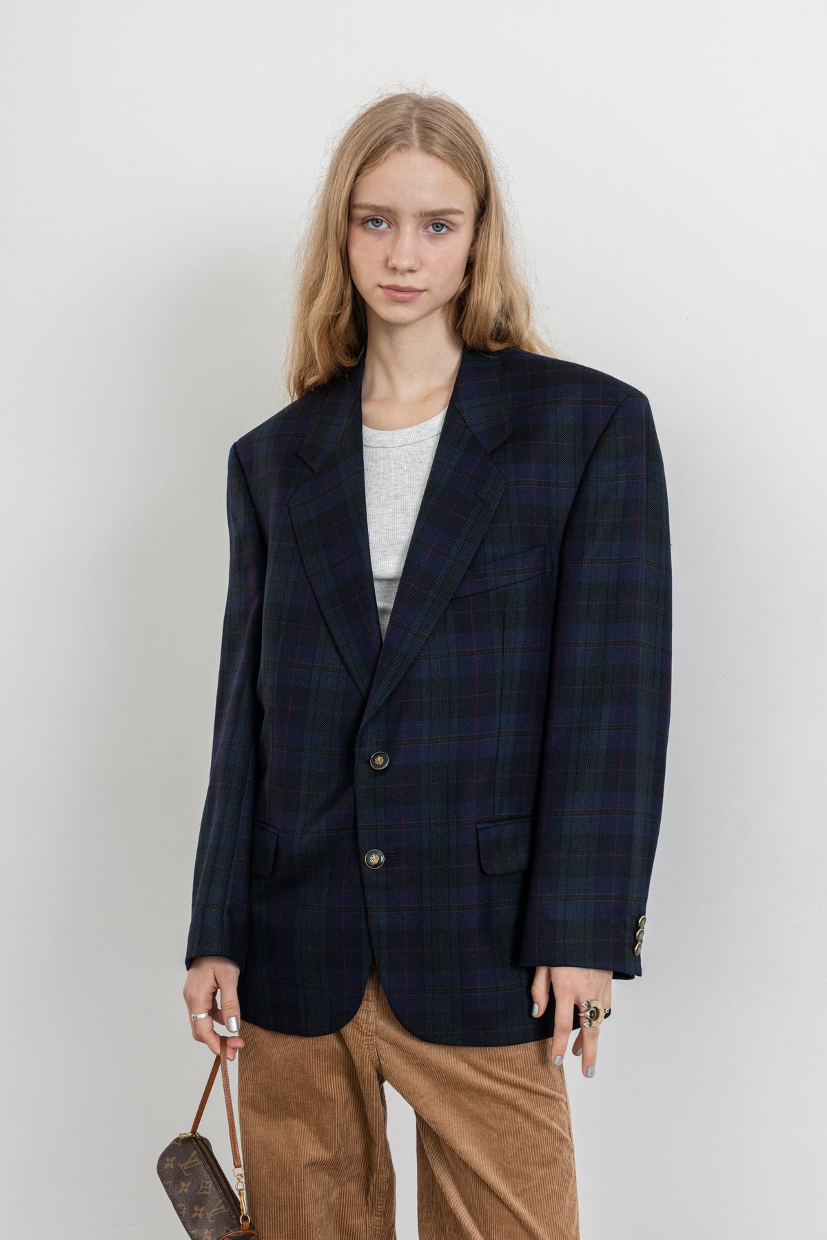 Vintage Navy Green Plaid 100% Wool Blazer