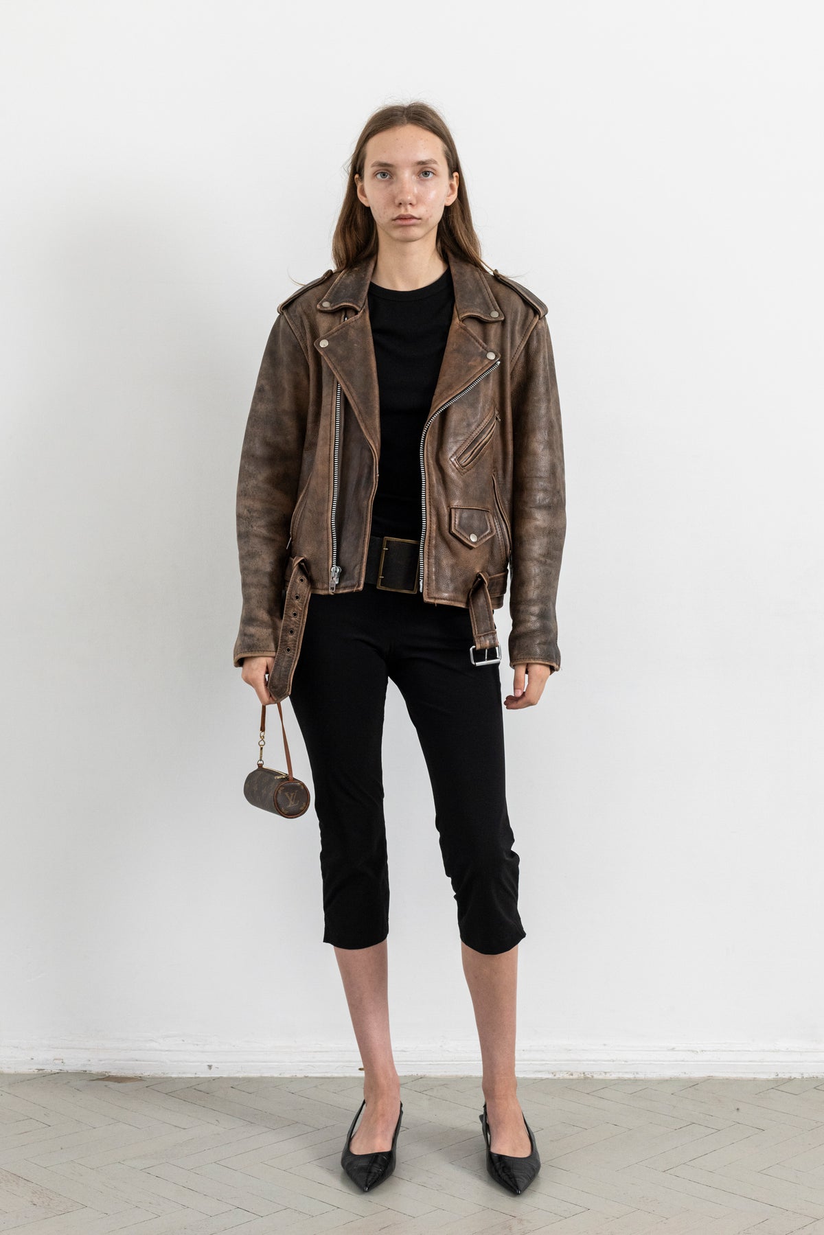 Vintage Brown Distressed Leather Biker Jacket