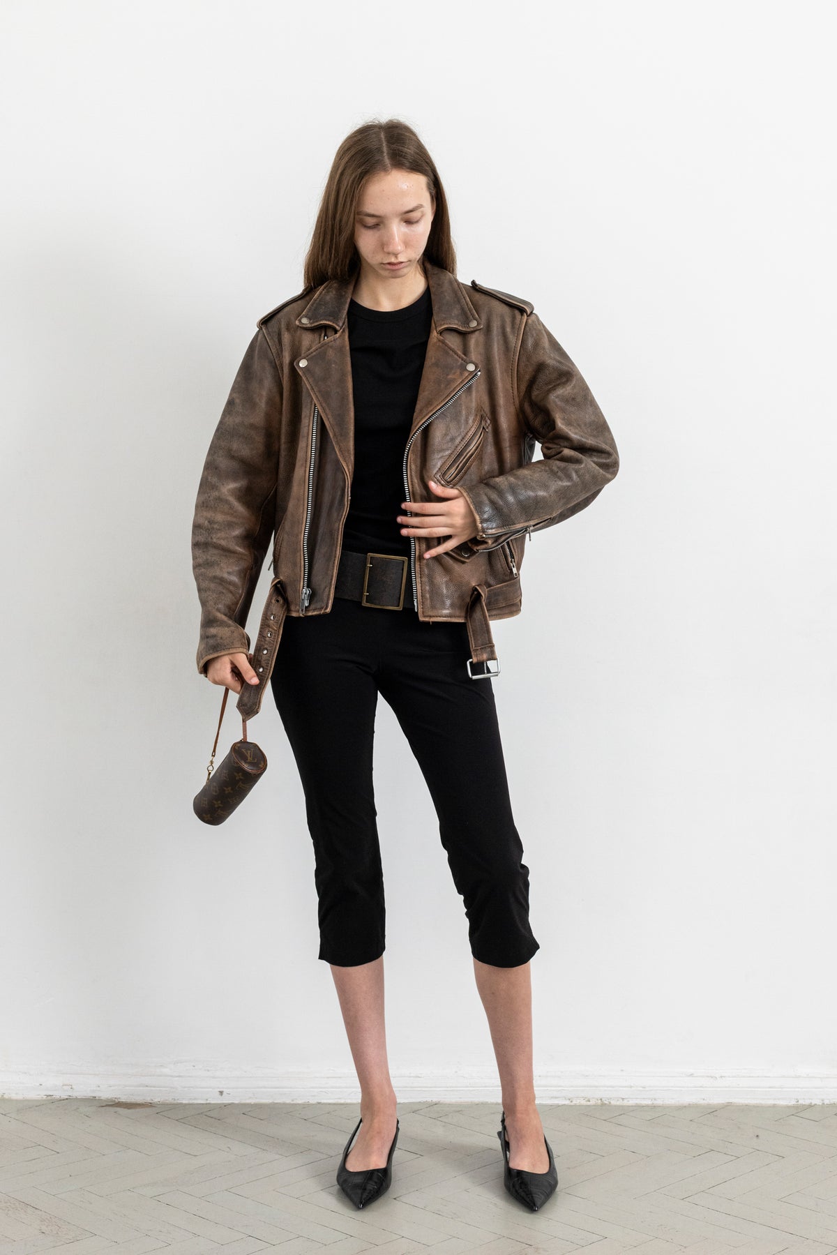 Vintage Brown Distressed Leather Biker Jacket