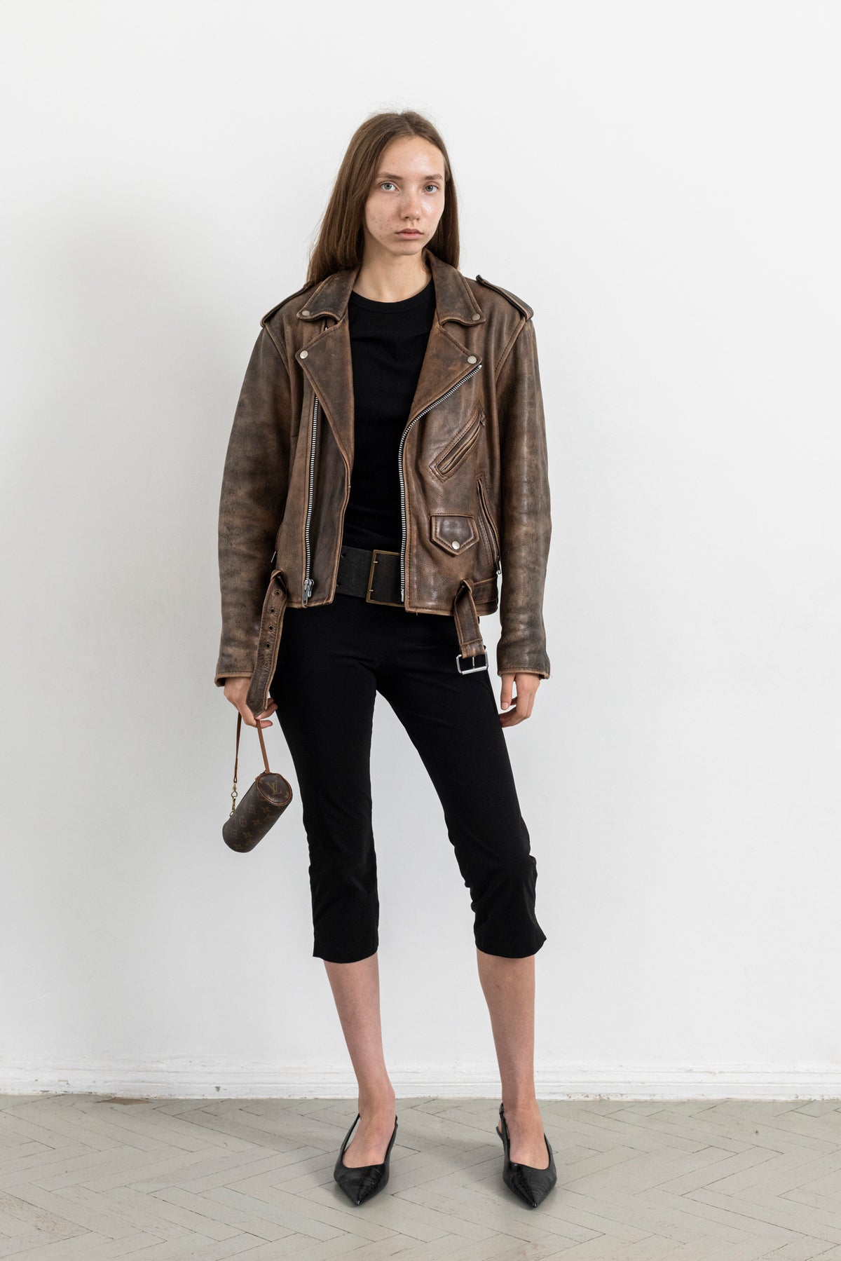 Vintage Brown Distressed Leather Biker Jacket