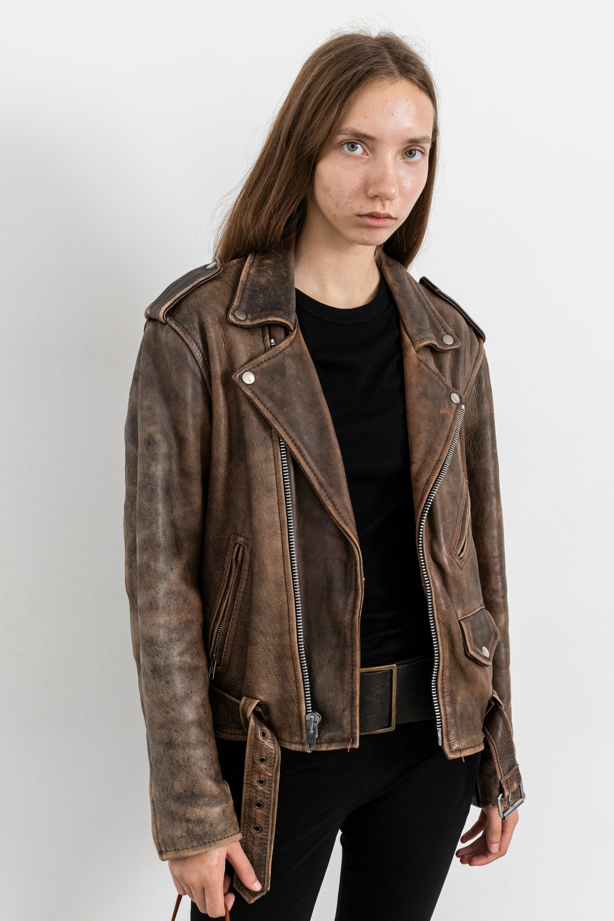 Vintage Brown Distressed Leather Biker Jacket