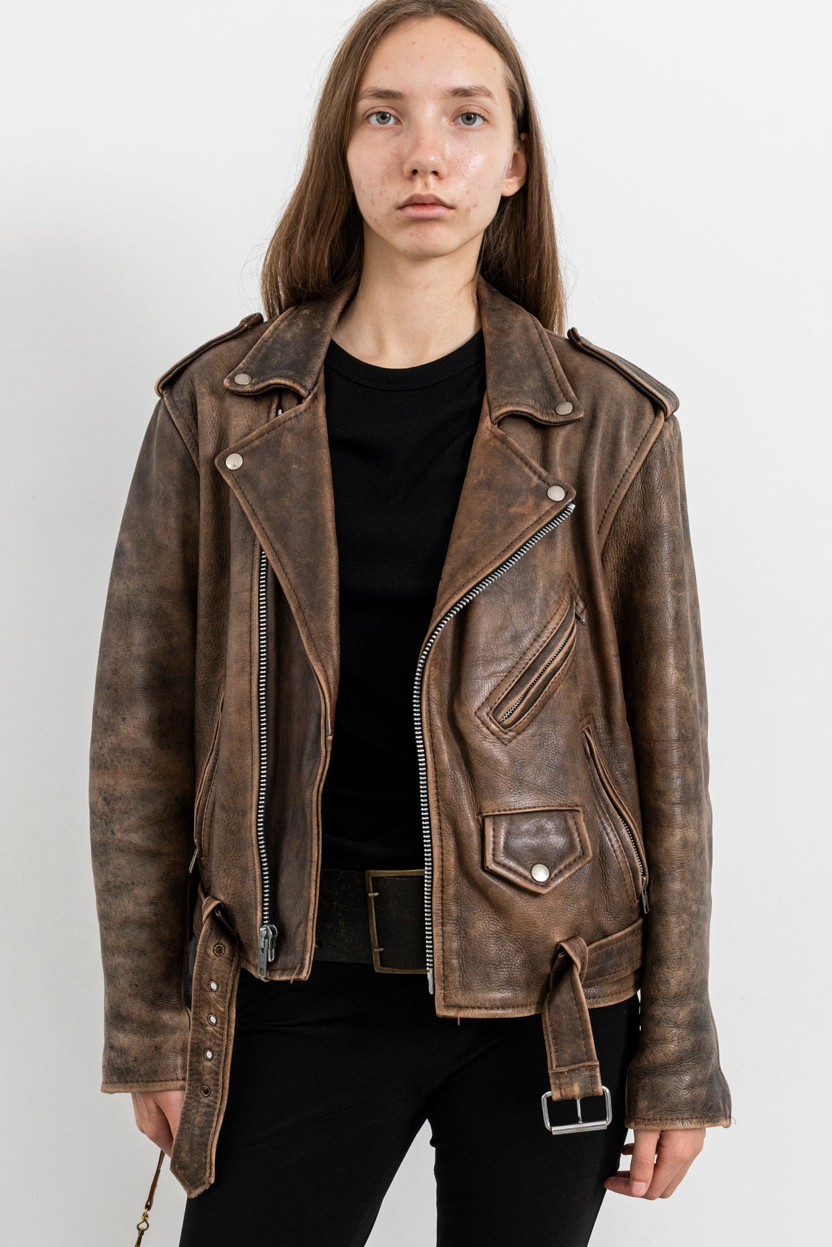 Vintage Brown Distressed Leather Biker Jacket