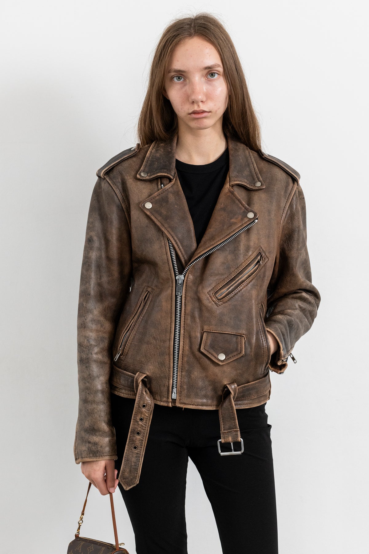 Vintage Brown Distressed Leather Biker Jacket