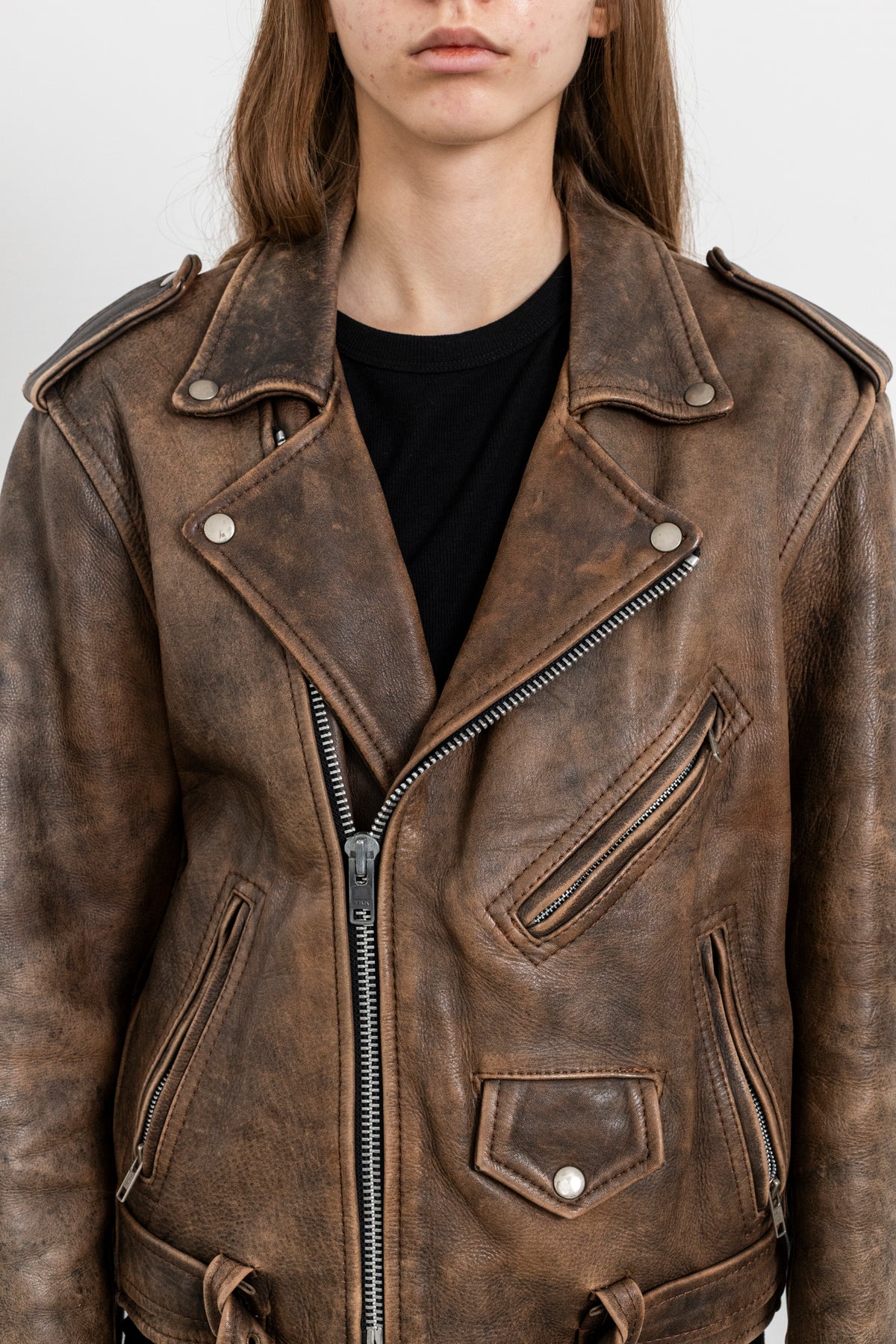 Vintage Brown Distressed Leather Biker Jacket