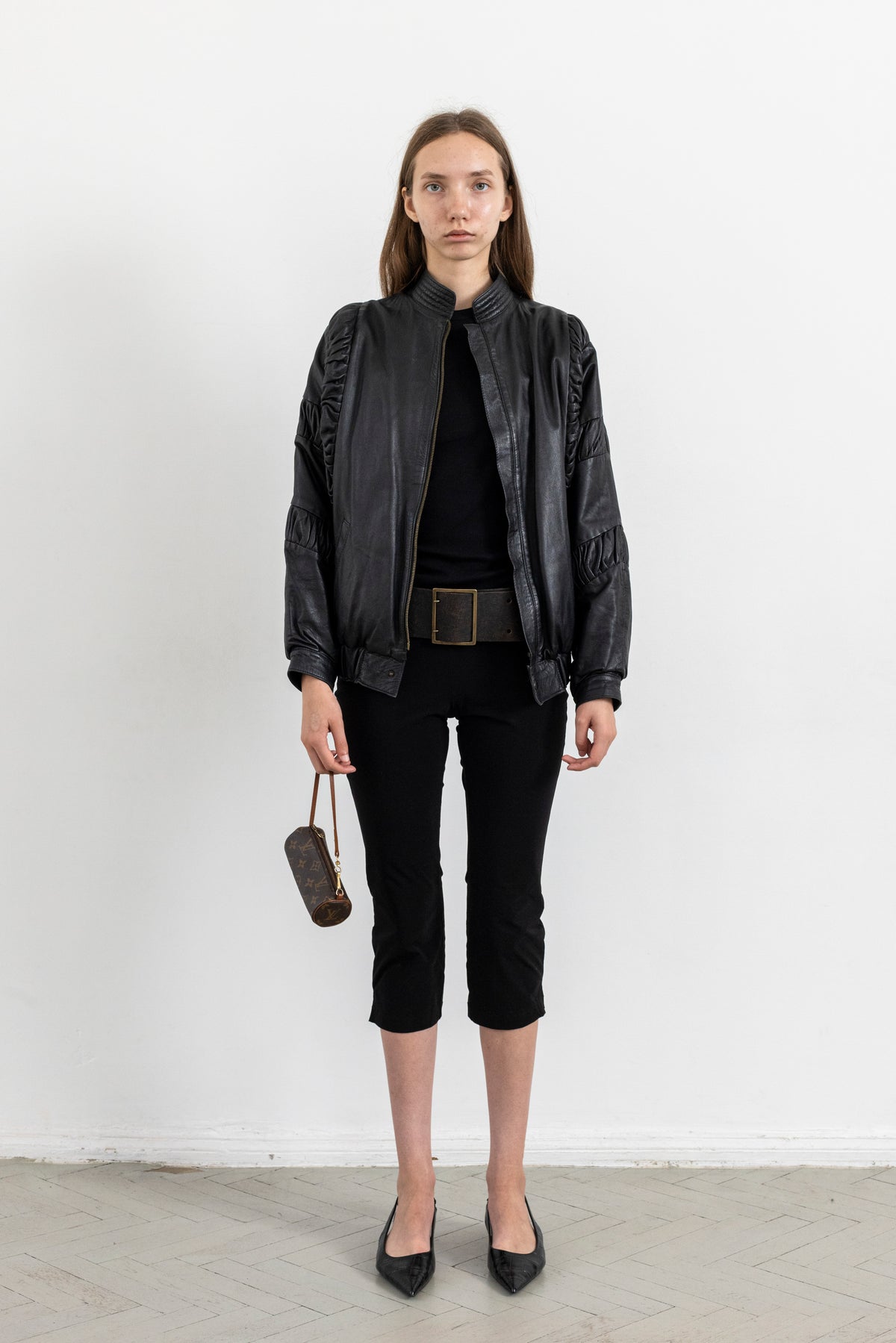 Vintage Black Gathered Detail Leather Jacket