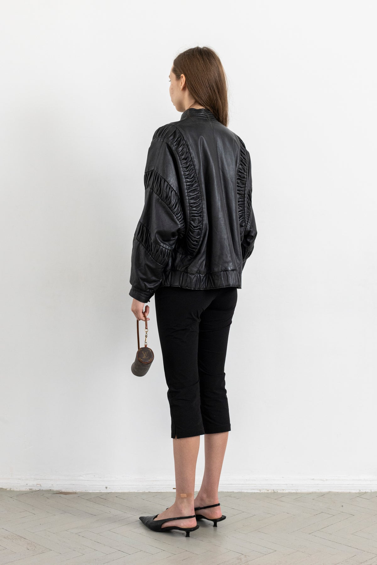 Vintage Black Gathered Detail Leather Jacket