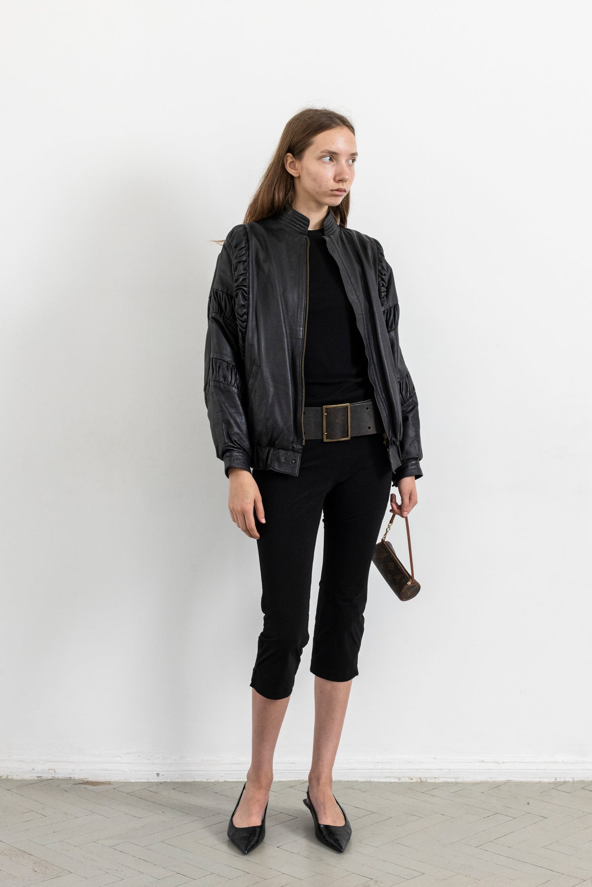 Vintage Black Gathered Detail Leather Jacket