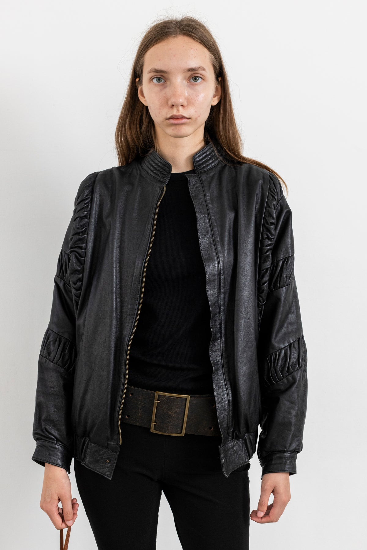 Vintage Black Gathered Detail Leather Jacket