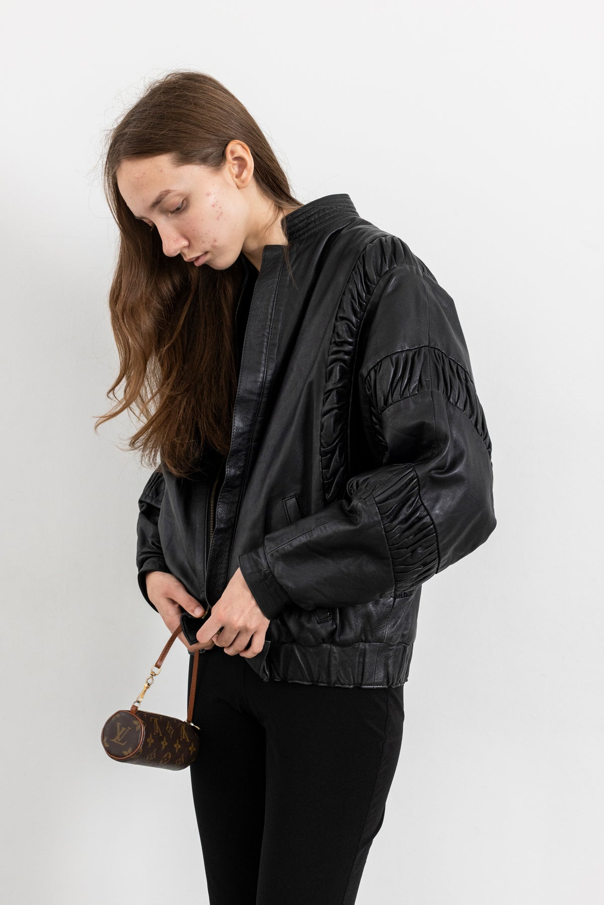 Vintage Black Gathered Detail Leather Jacket