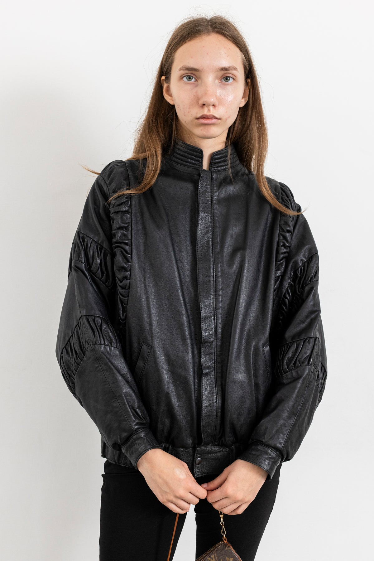 Vintage Black Gathered Detail Leather Jacket