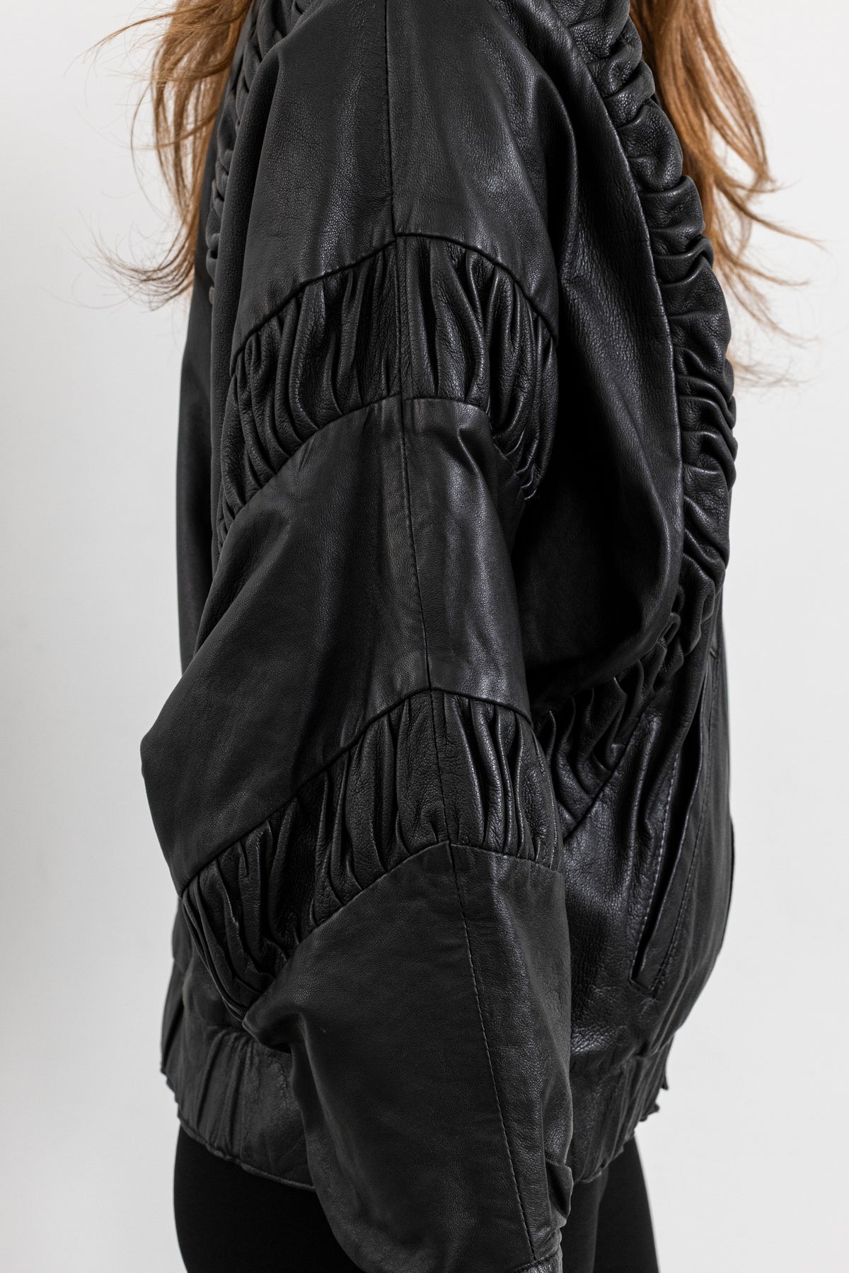 Vintage Black Gathered Detail Leather Jacket