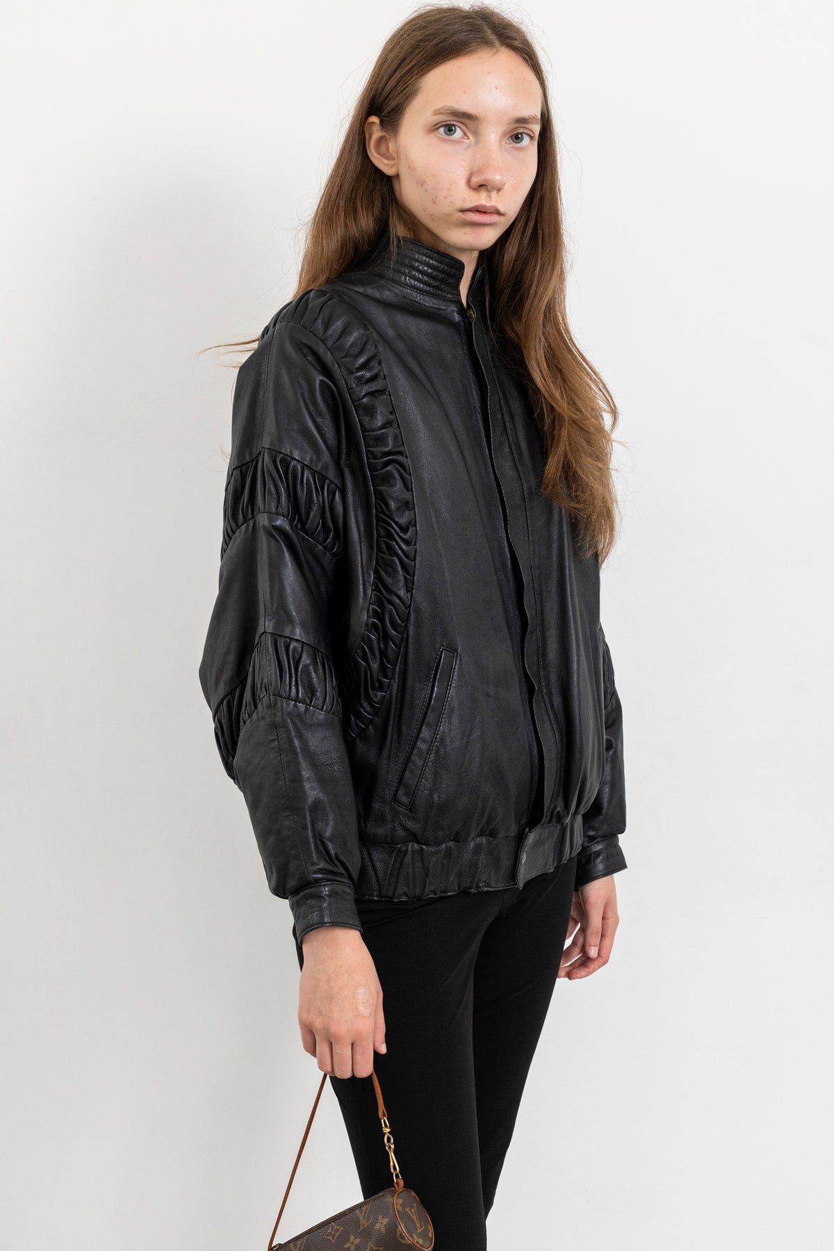 Vintage Black Gathered Detail Leather Jacket