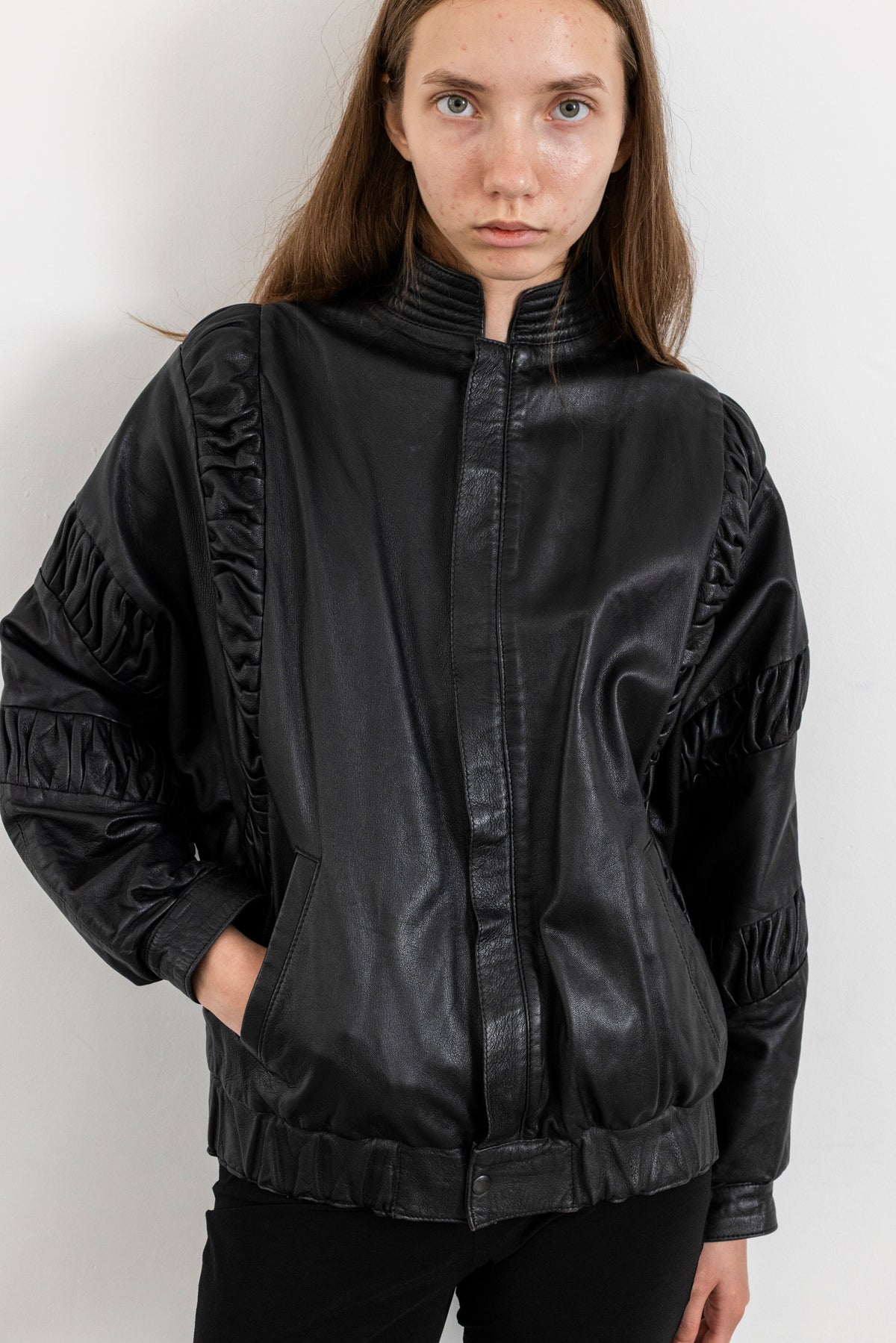 Vintage Black Gathered Detail Leather Jacket