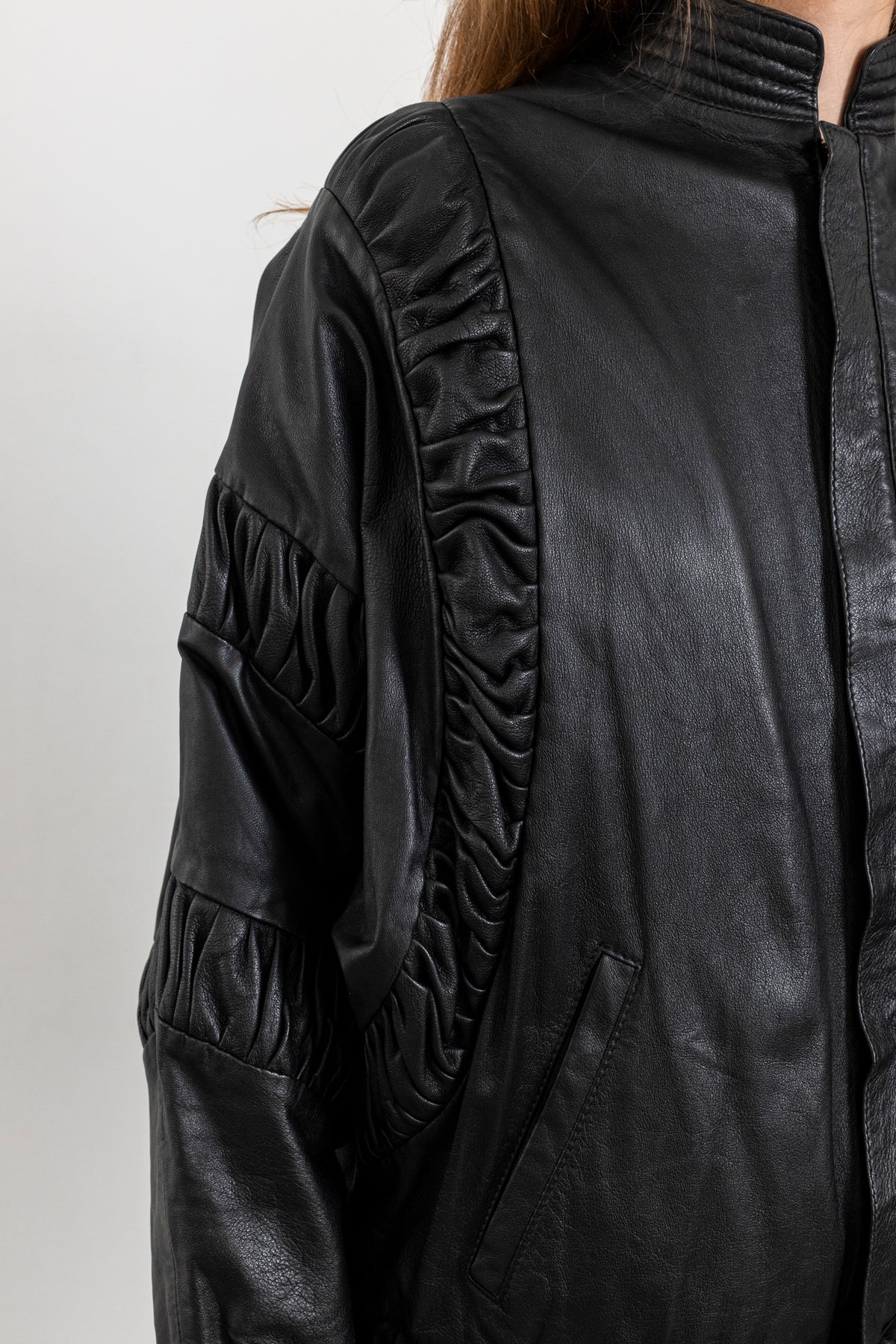 Vintage Black Gathered Detail Leather Jacket