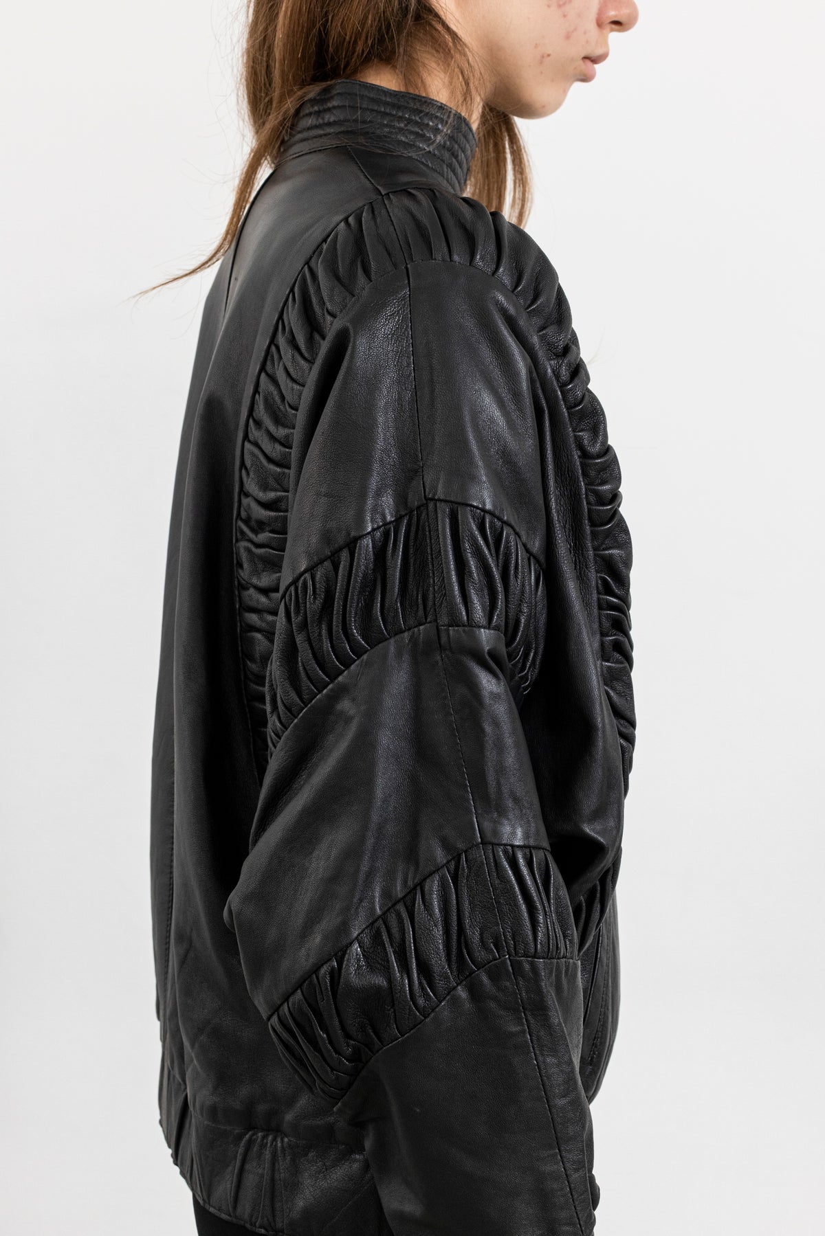 Vintage Black Gathered Detail Leather Jacket