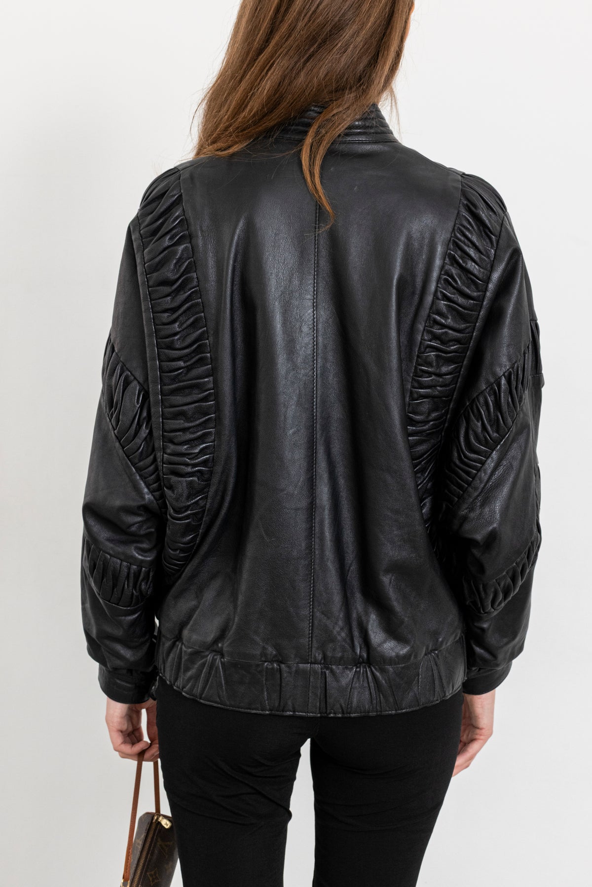 Vintage Black Gathered Detail Leather Jacket