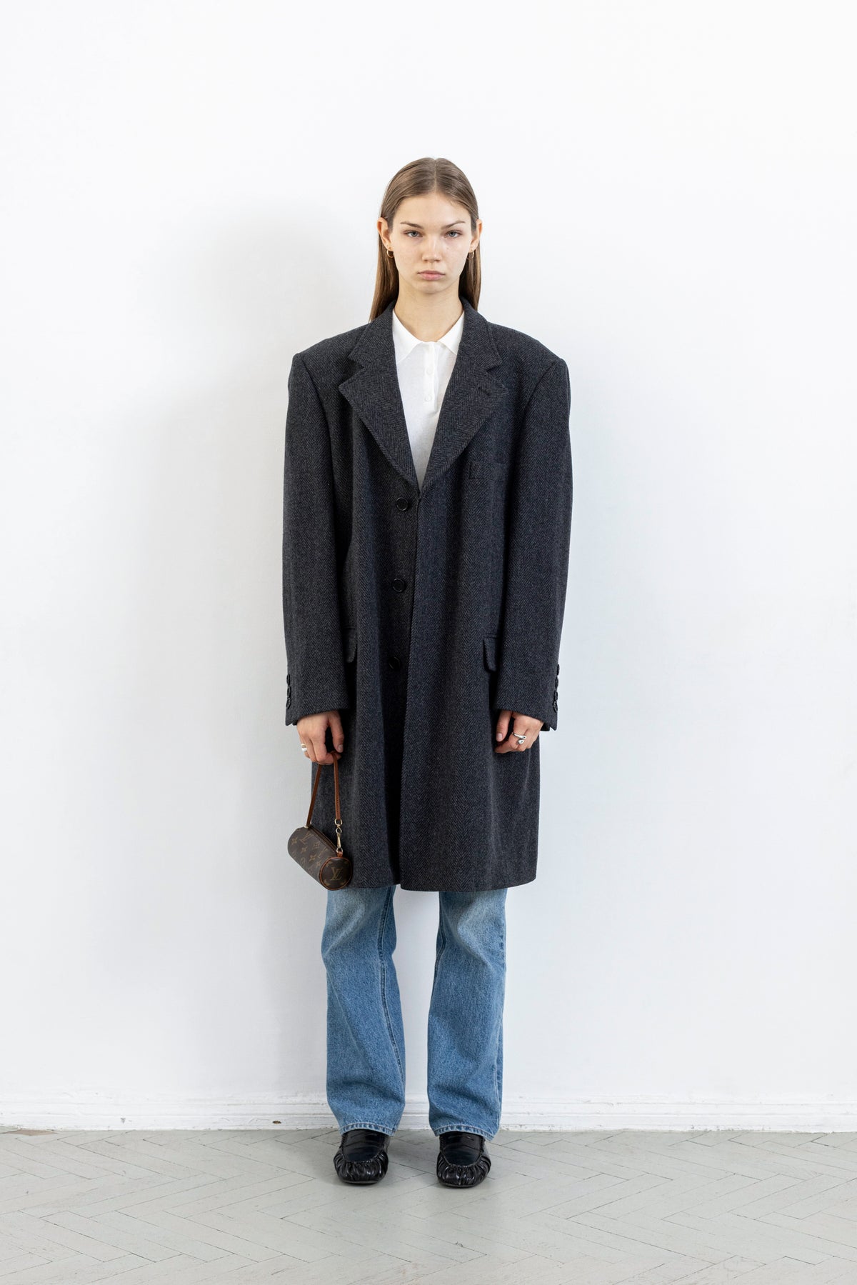 Vintage Dark Grey Chevron Wool Coat