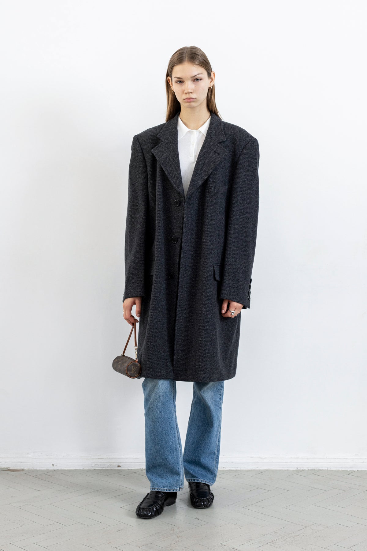 Vintage Dark Grey Chevron Wool Coat