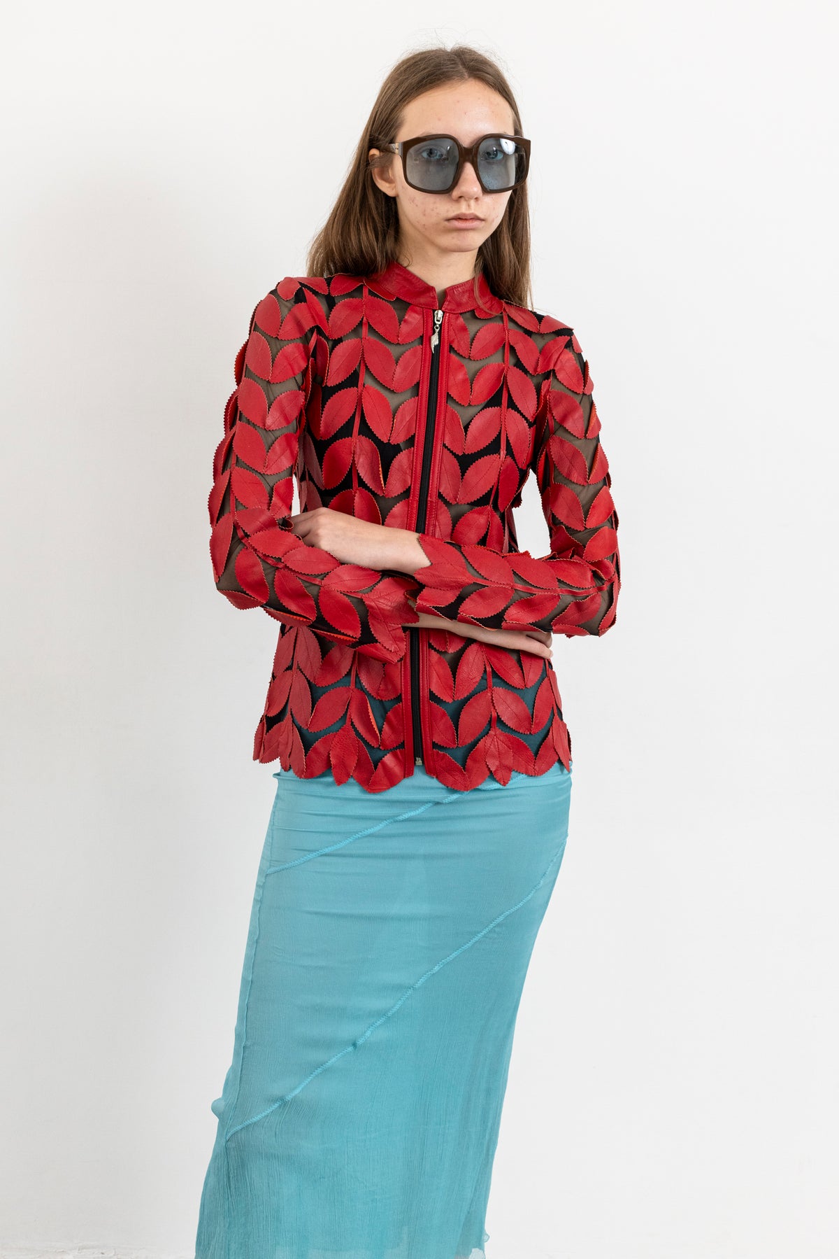 Vintage Red Leather Leaf Jacket