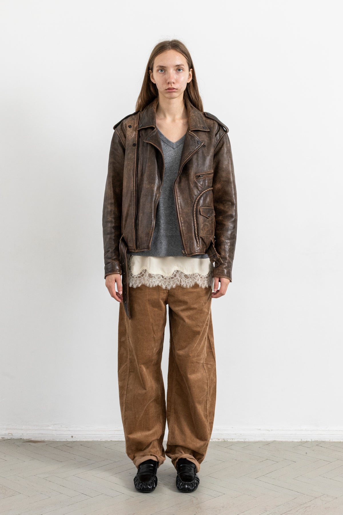 Vintage Brown Distressed Leather Biker Jacket With Side Tie Detail