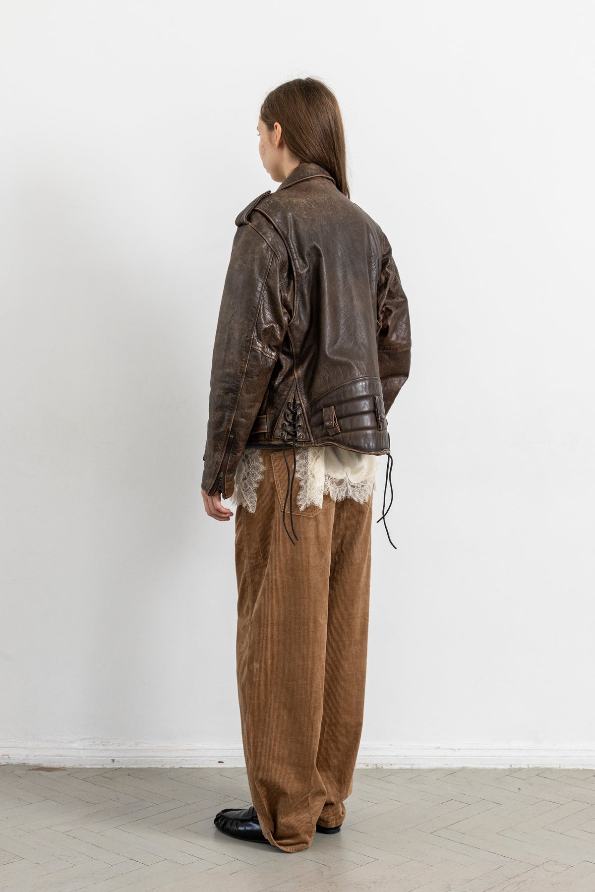 Vintage Brown Distressed Leather Biker Jacket With Side Tie Detail