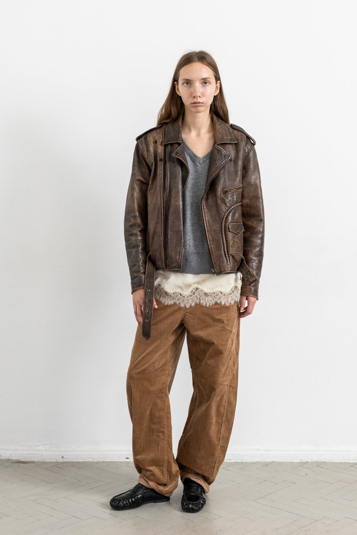 Vintage Brown Distressed Leather Biker Jacket With Side Tie Detail
