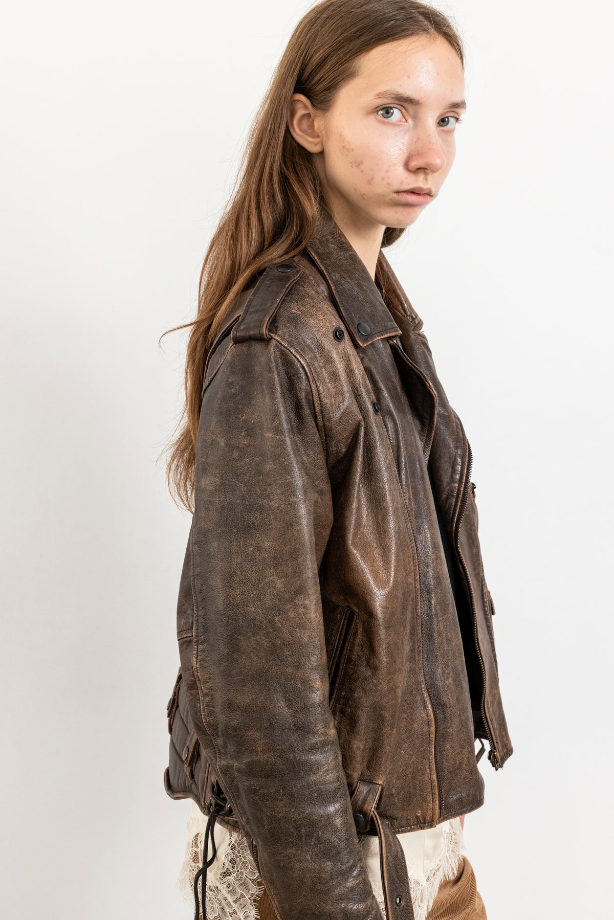 Vintage Brown Distressed Leather Biker Jacket With Side Tie Detail