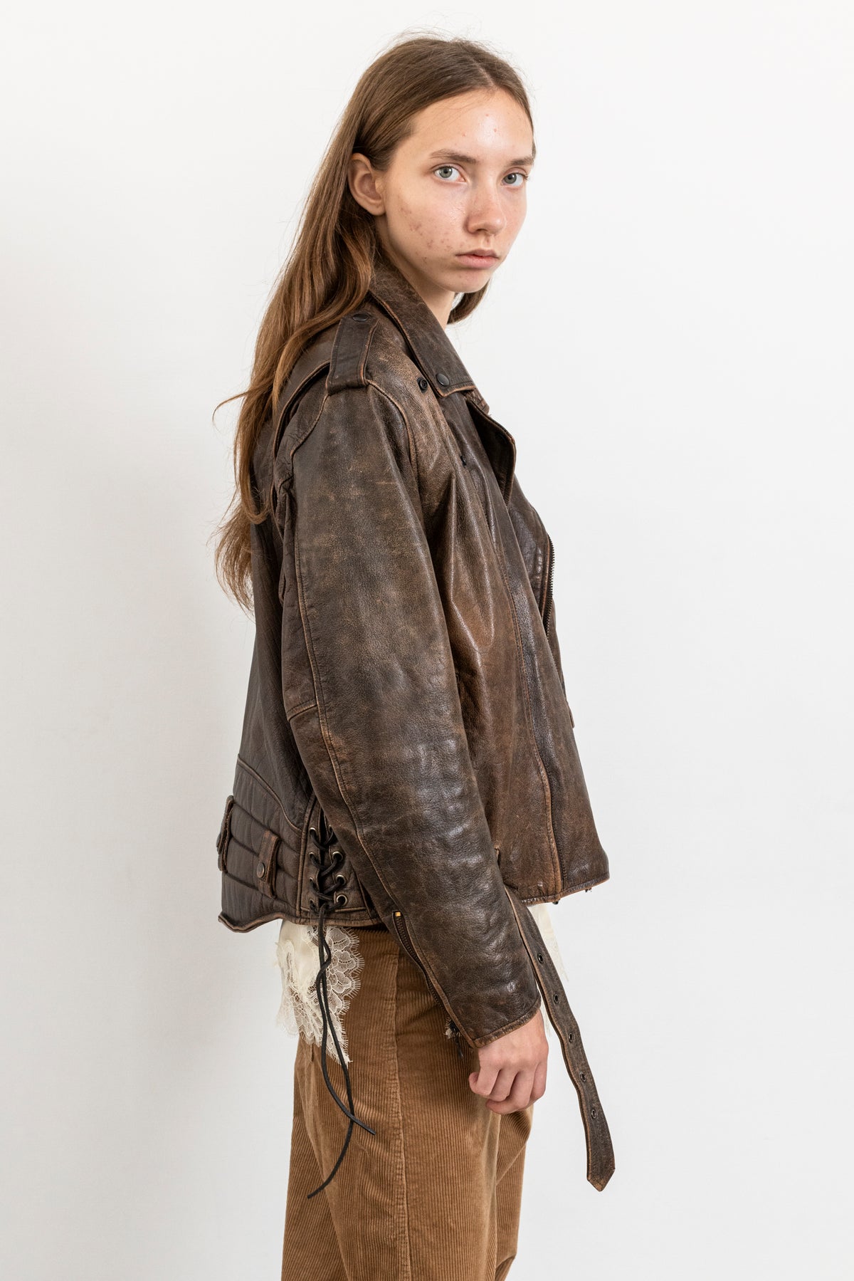 Vintage Brown Distressed Leather Biker Jacket With Side Tie Detail