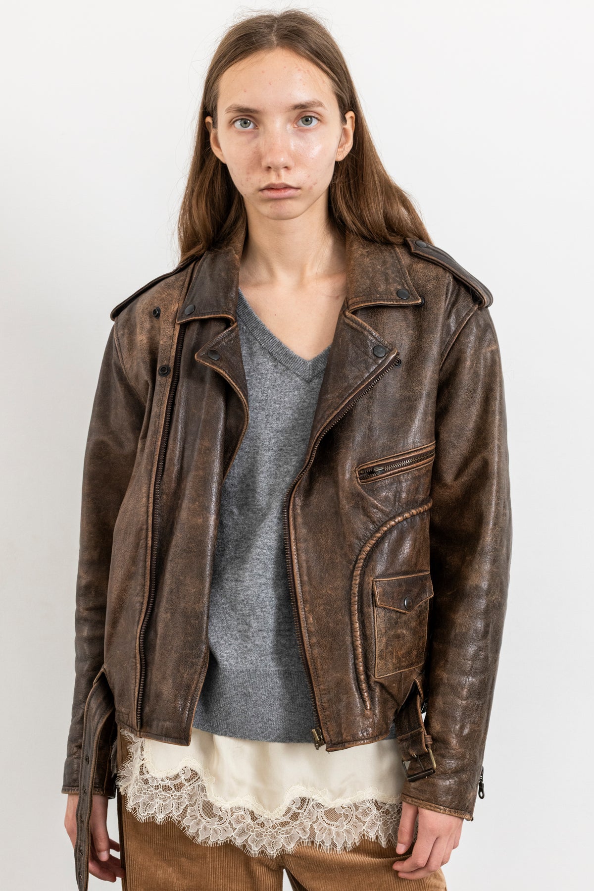 Vintage Brown Distressed Leather Biker Jacket With Side Tie Detail