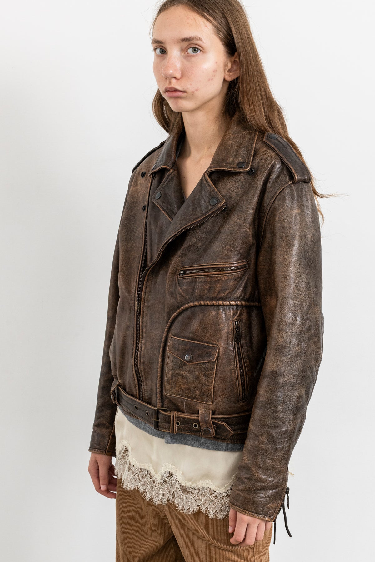 Vintage Brown Distressed Leather Biker Jacket With Side Tie Detail